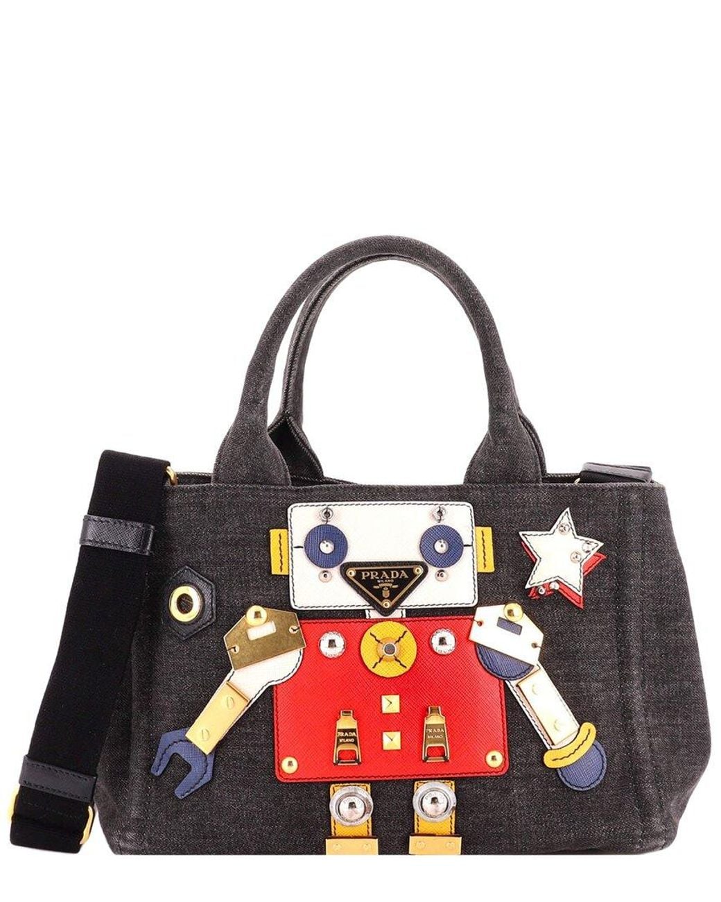 Prada Red Embellished Denim Robot Convertible Tote Mini (Authentic Pre- Loved)