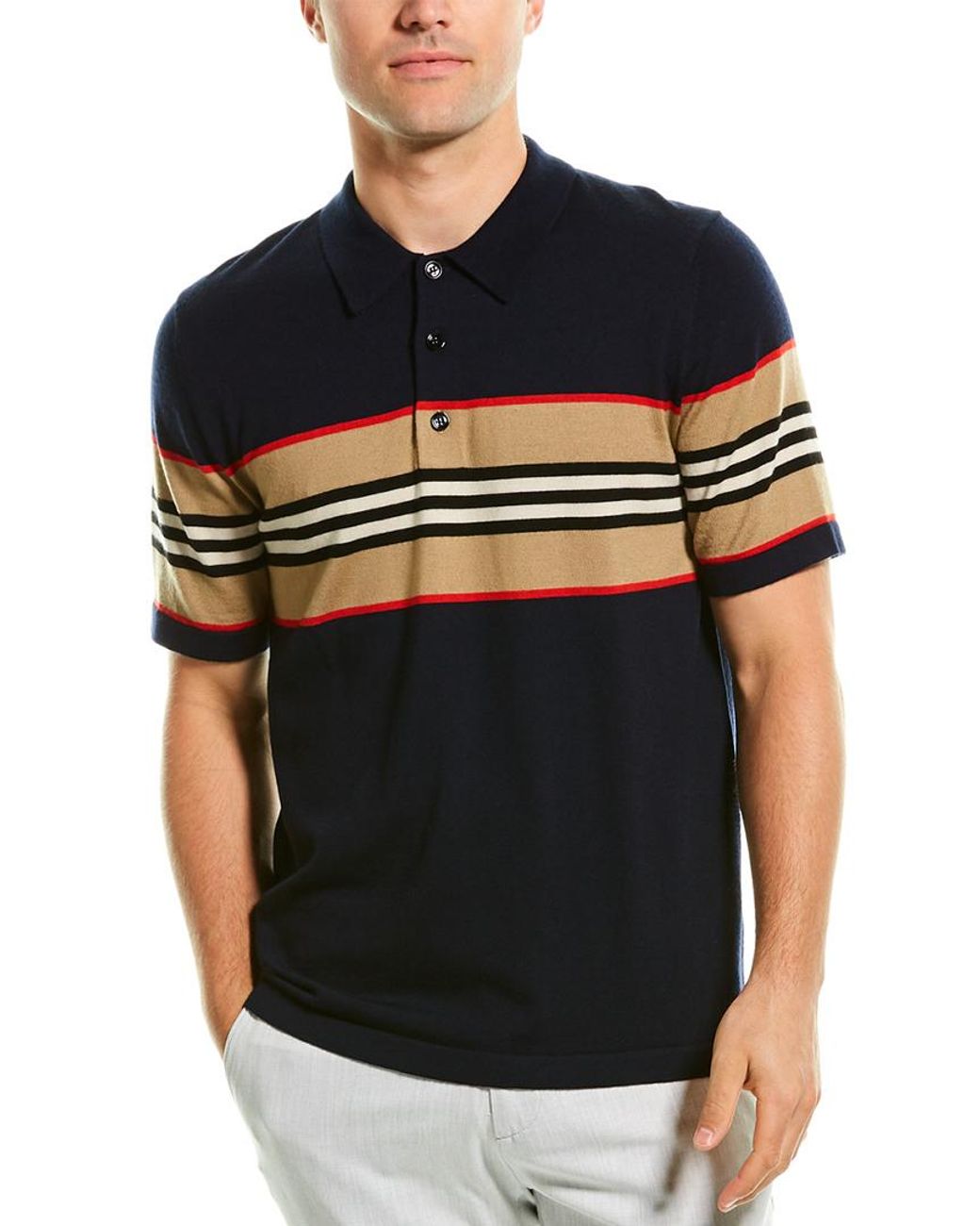 Burberry Icon Stripe Detail Wool Polo Shirt in Navy (Blue) for Men - Lyst