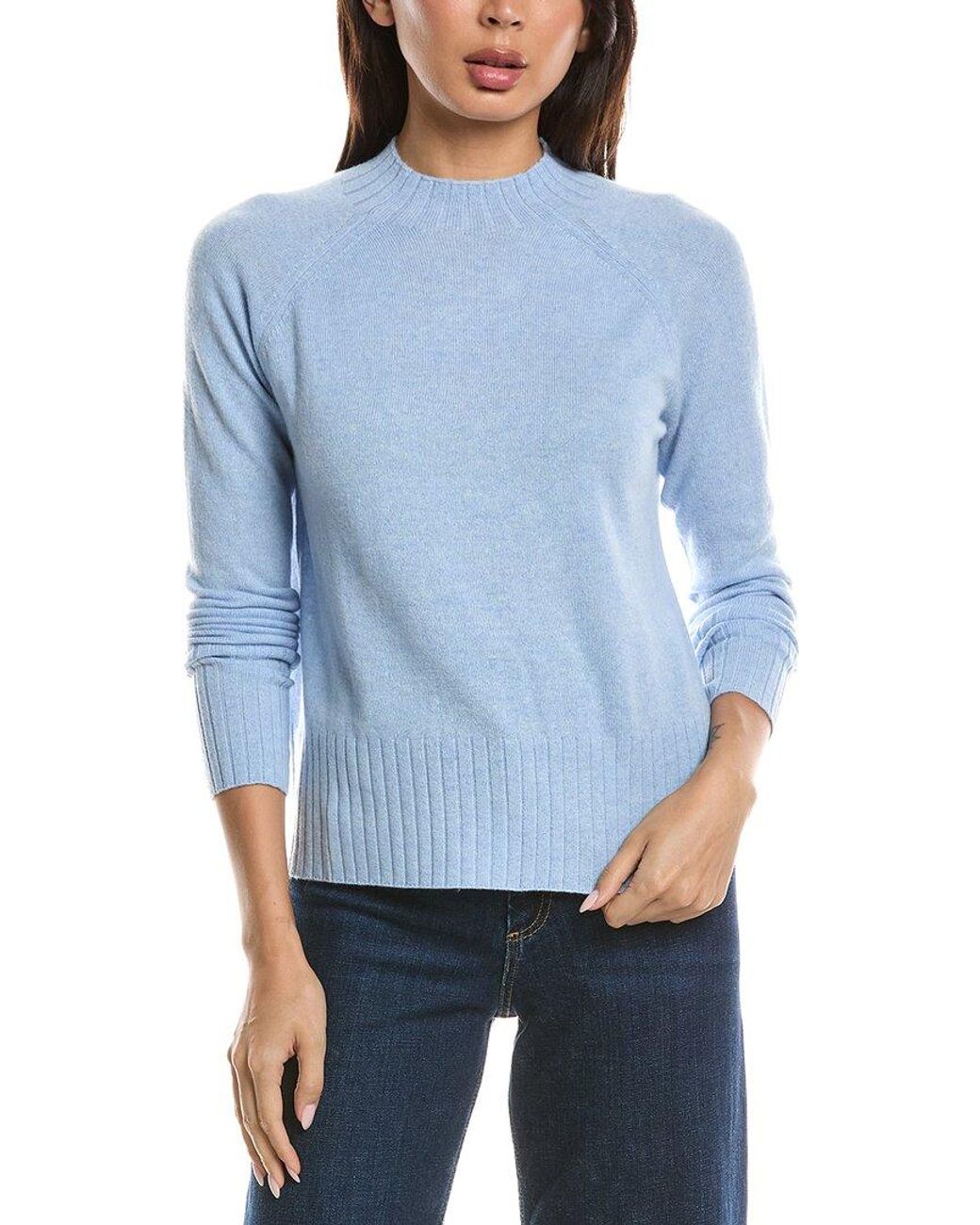 Forte Blue Hi Low Rib Trim Funnel Neck 100% Cashmere Sweater