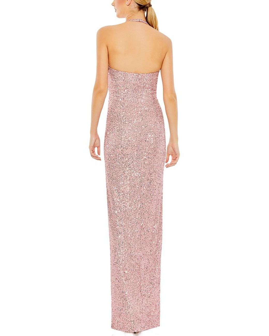 Mac Duggal Pink Sequined Halter Strap Low Side Knot Gown