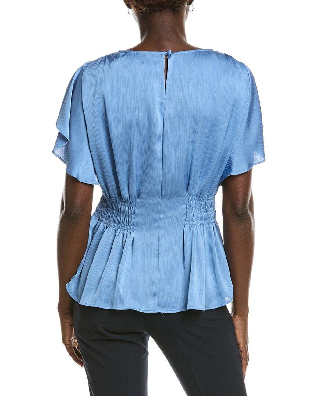 Anne Klein Blue Smocked Waist Flutter Sleeve Blouse
