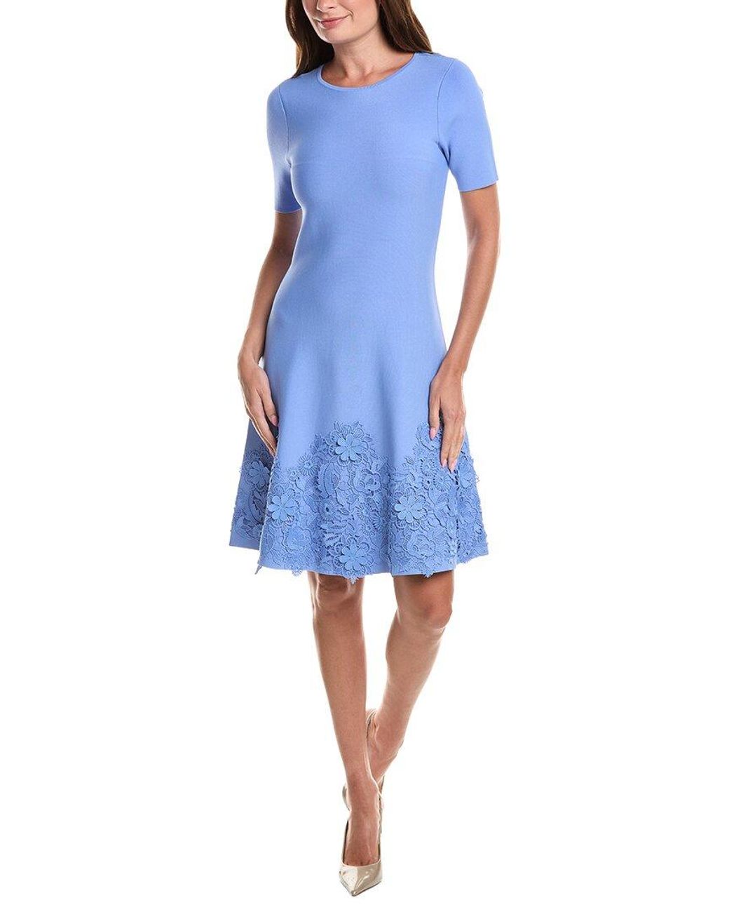 Teri Jon Blue Knit Lace Hem A-Line Dress