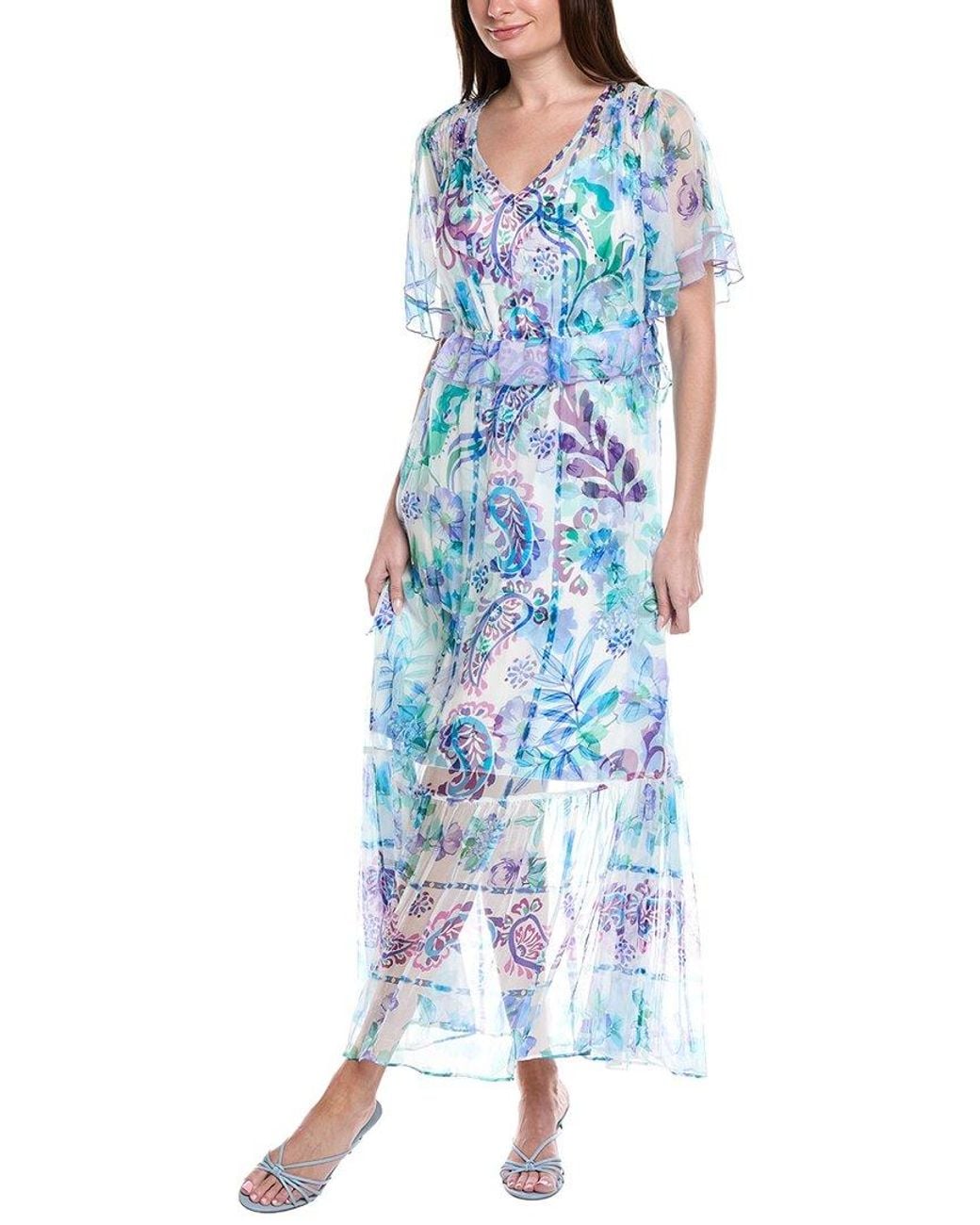 Johnny Was Blue Annamarie Flutter Silk Maxi Dress