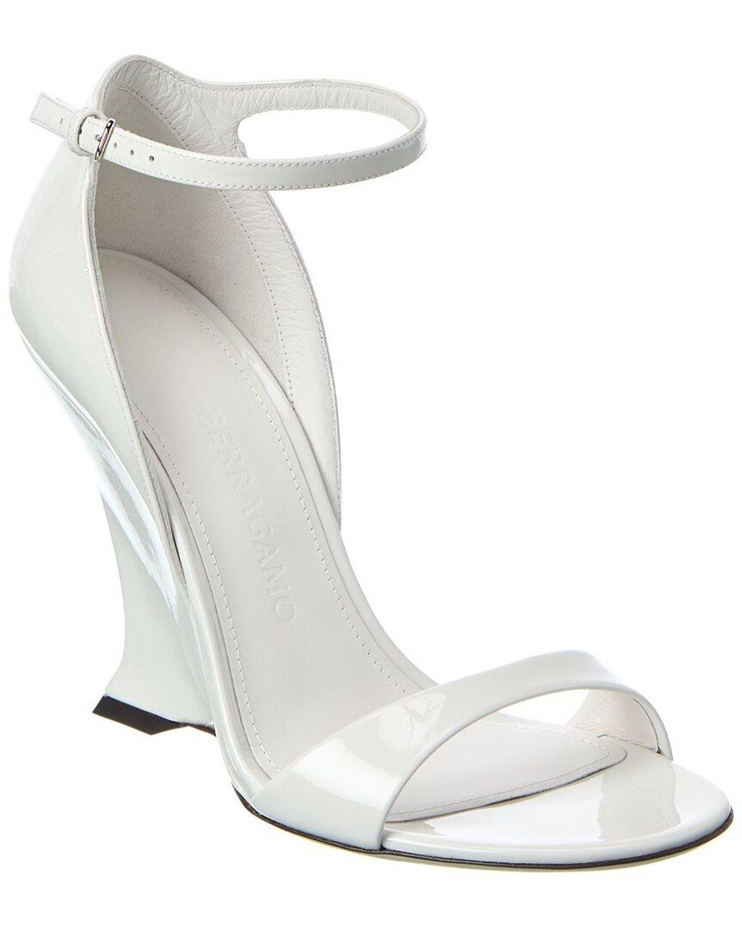 Ferragamo White Vidette Patent Wedge Sandal