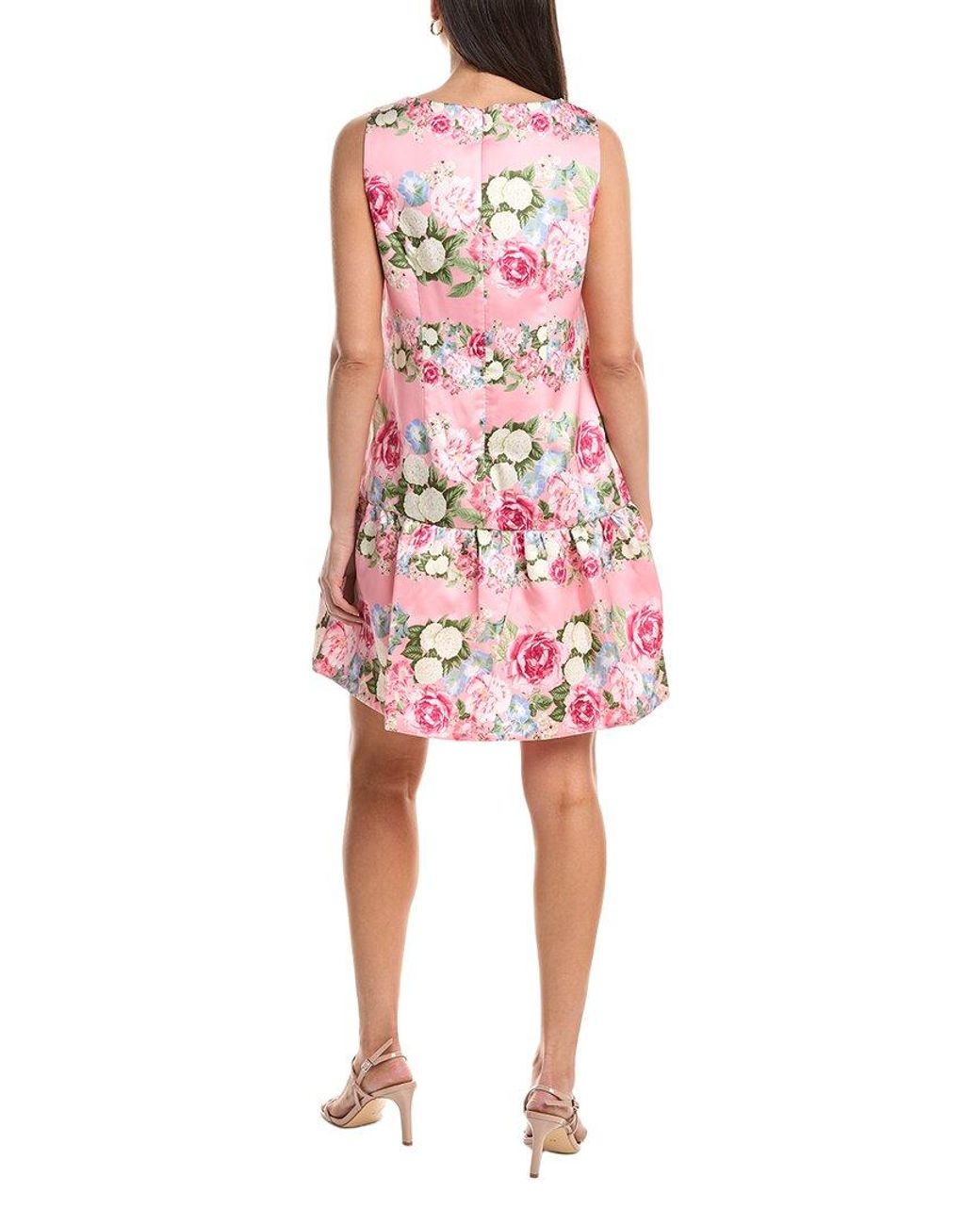 Anne Klein Red Boatneck Flounced Printed Mikado Shift Dress