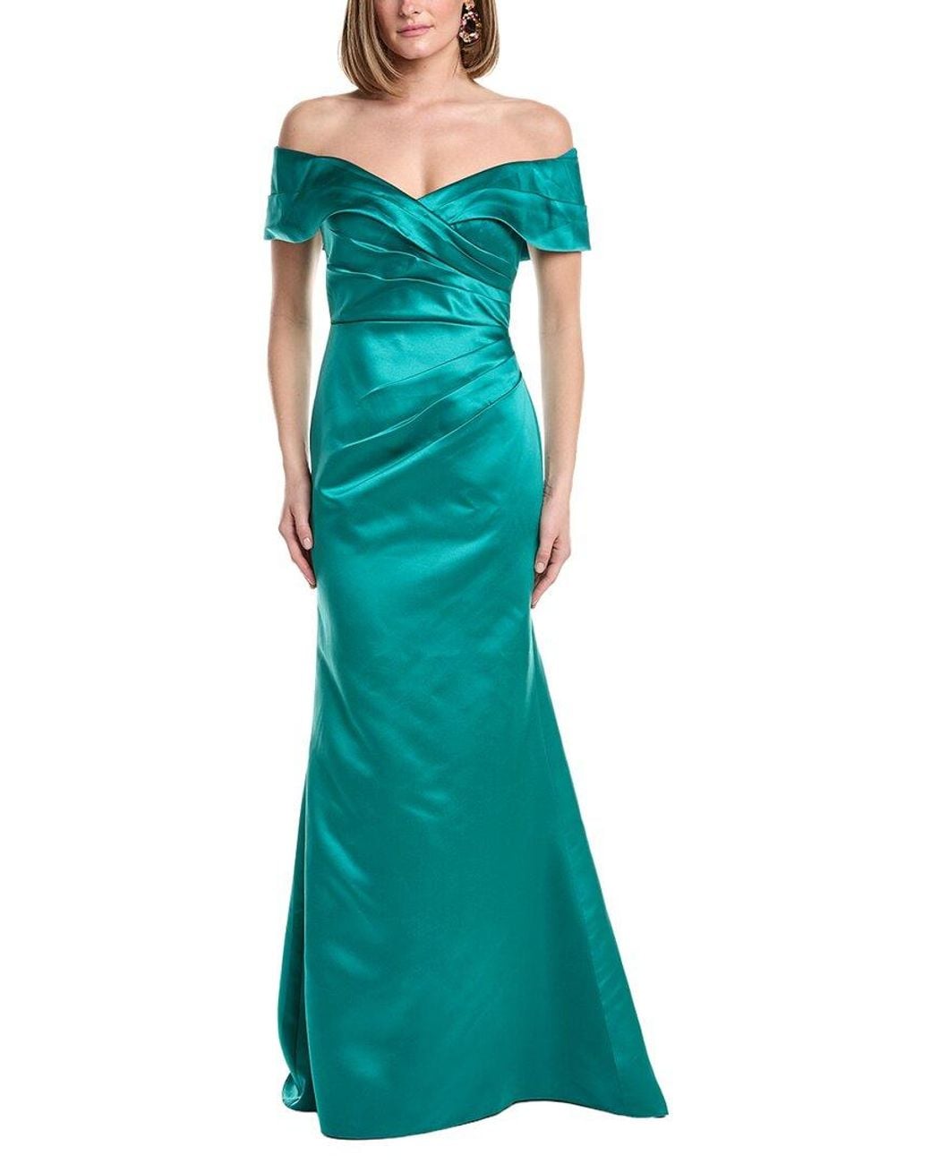 Rene Ruiz Green Off-The-Shoulder Satin Gown