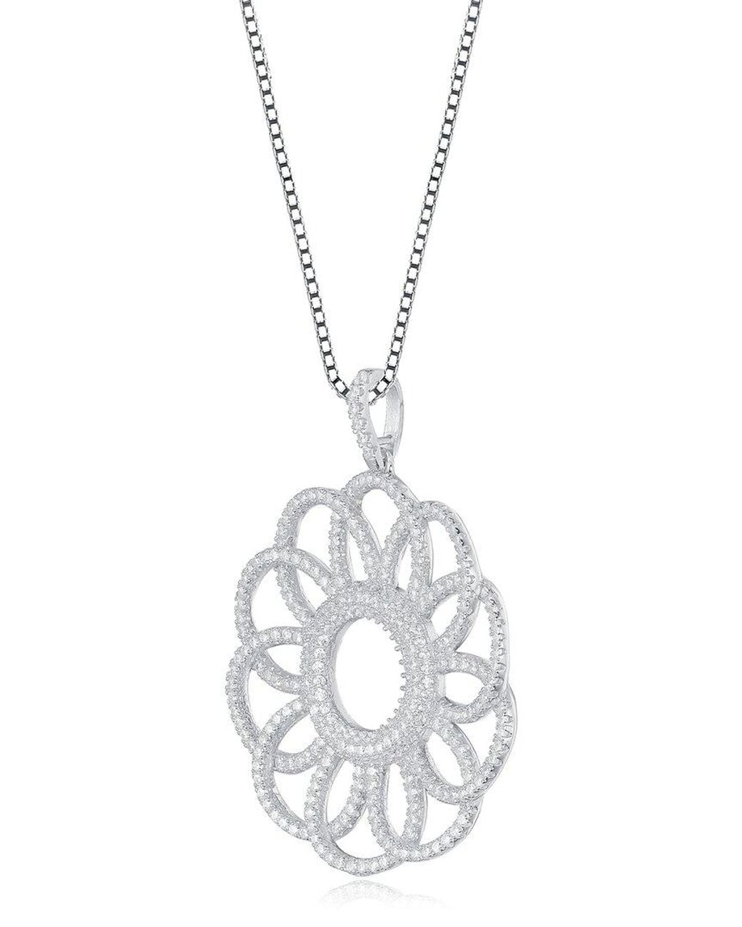 Genevive Jewelry Metallic Silver Cz Flower Pendant Necklace