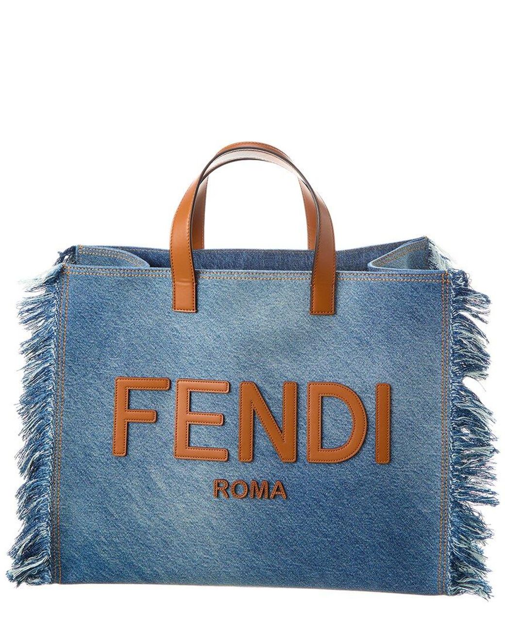Fendi Logo Fringe Denim & Leather Tote in Blue | Lyst