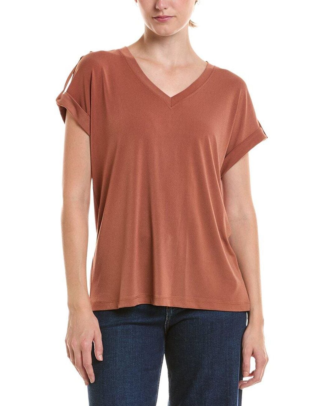 Jones New York Red Roll Cuff Tab V-Neck T-Shirt