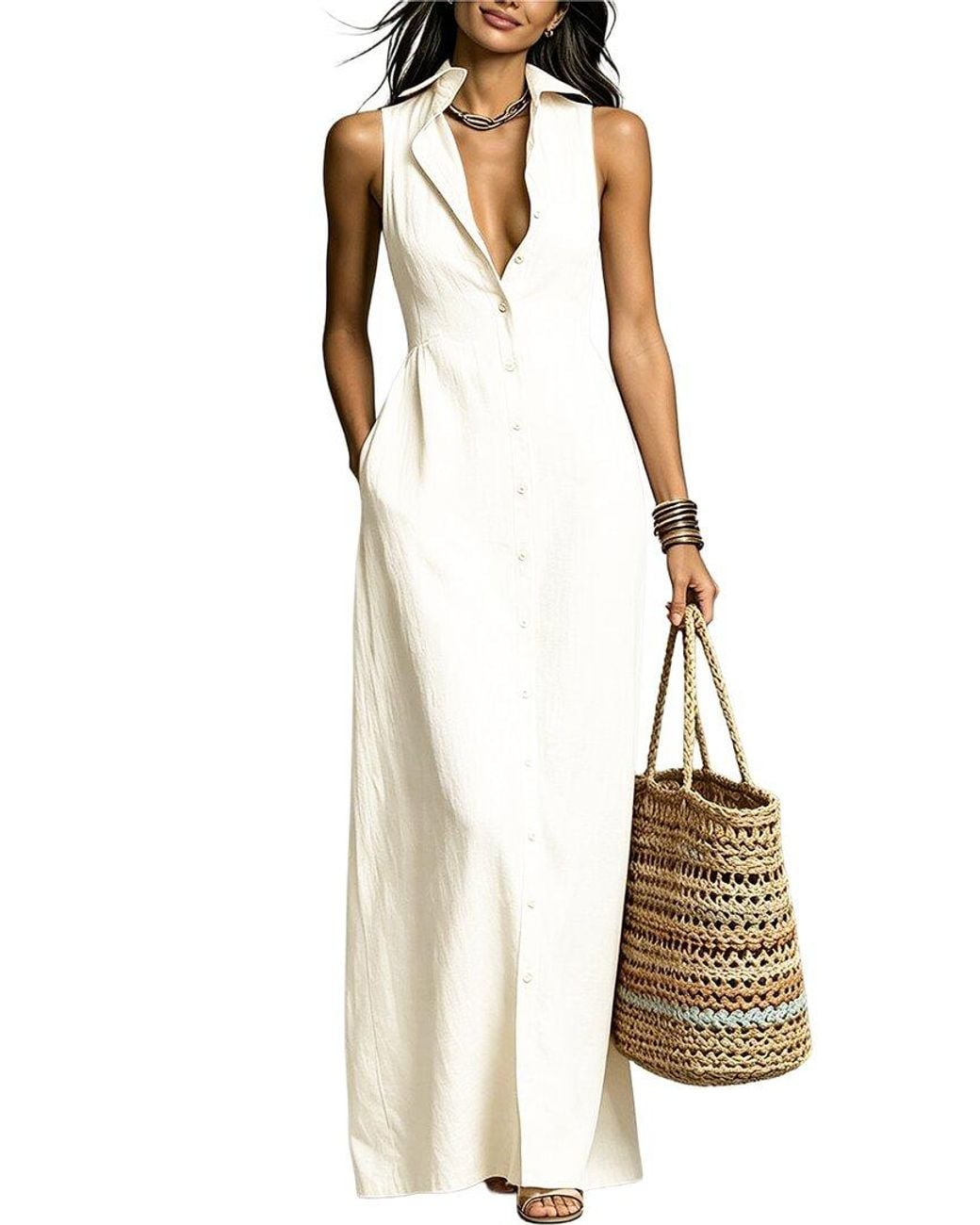Olivia Taylor White Sleeveless Shirt Dress