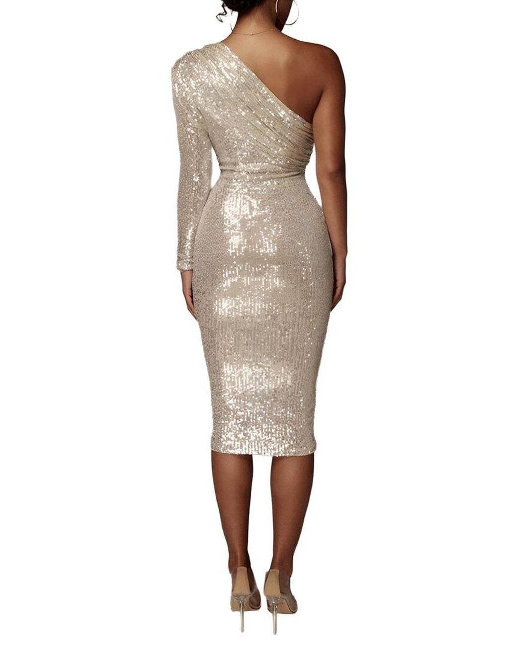 Vincent Natural One Shoulder Embellished Midi Dress