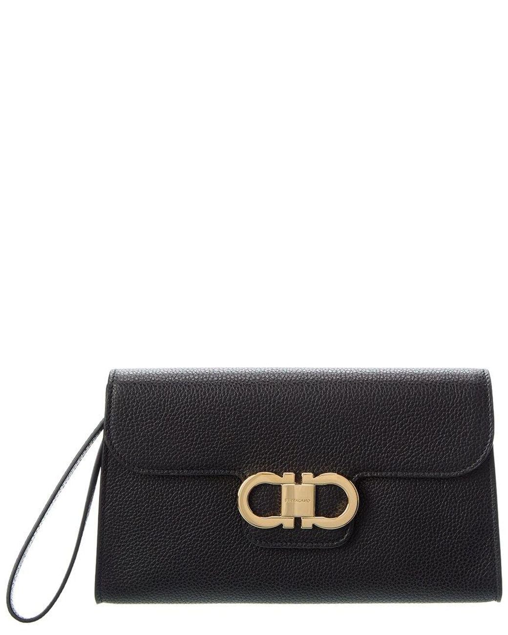 Ferragamo Black Double Gancini Leather Clutch