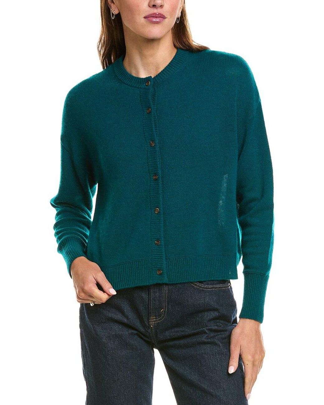 Hannah Rose Green Drop-Shoulder 100% Cashmere Cardigan
