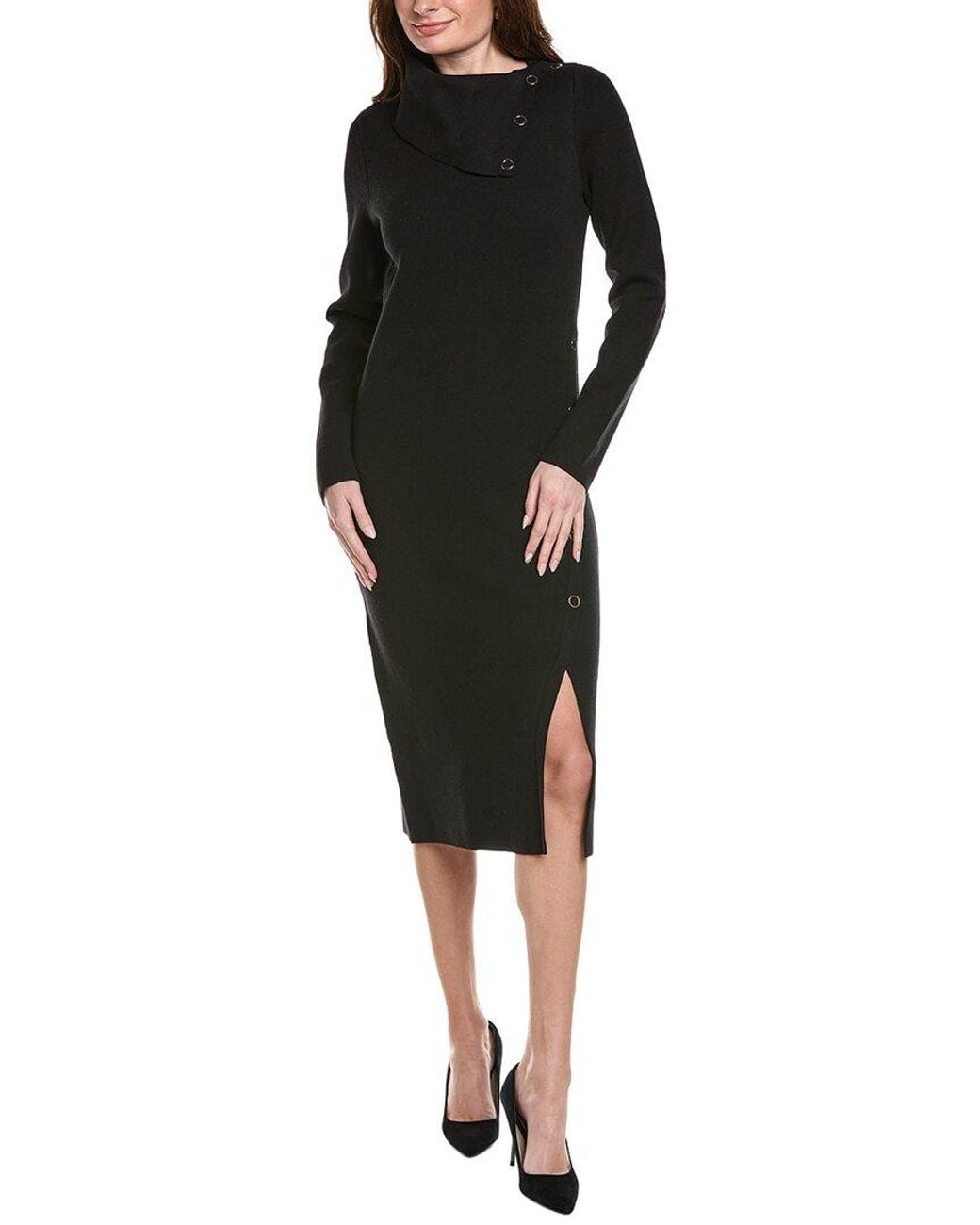 Joseph Ribkoff Black Asymmetric-Neck Knit Midi Dress