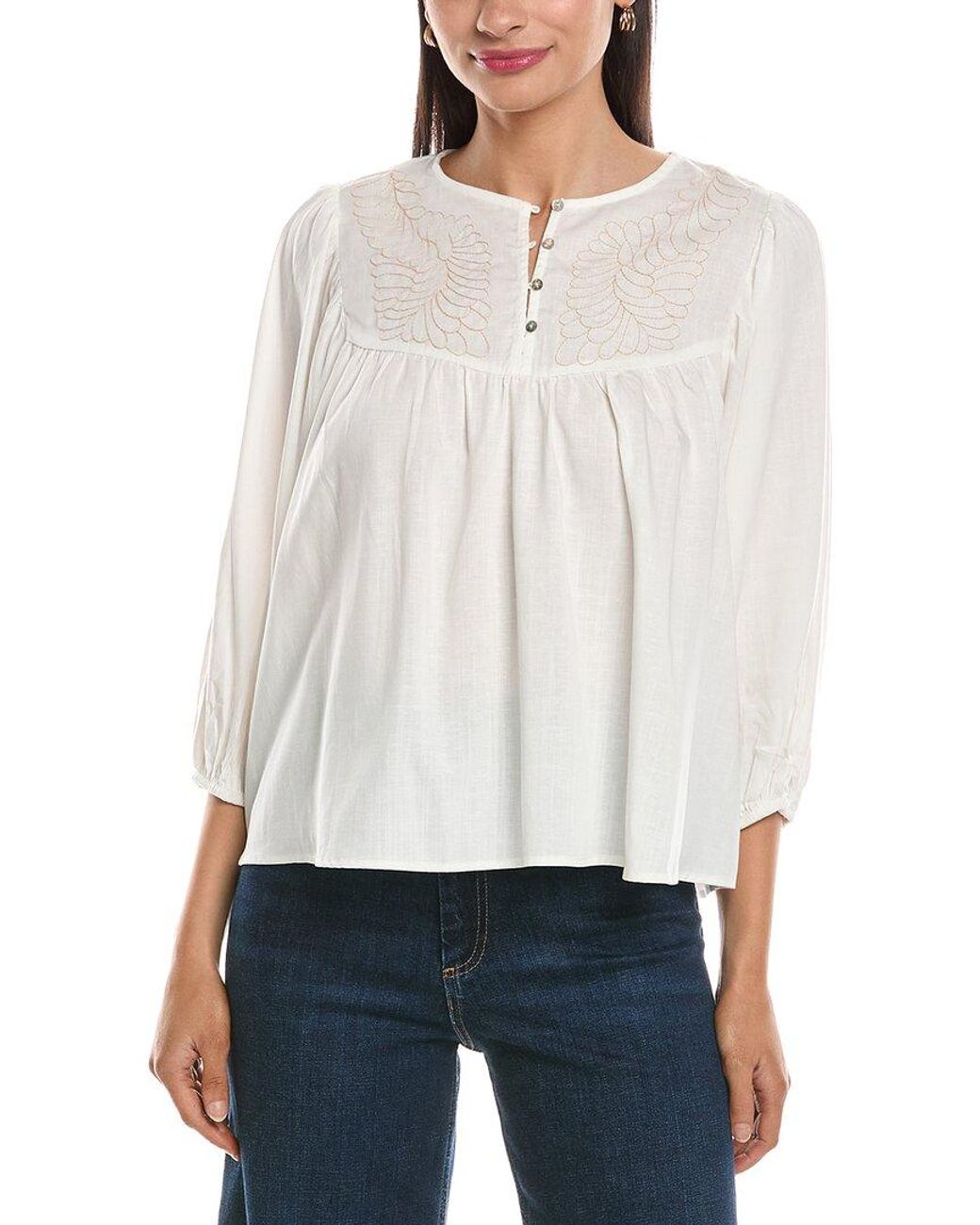 Nanette Lepore White Balloon Sleeve Linen-Blend Blouse