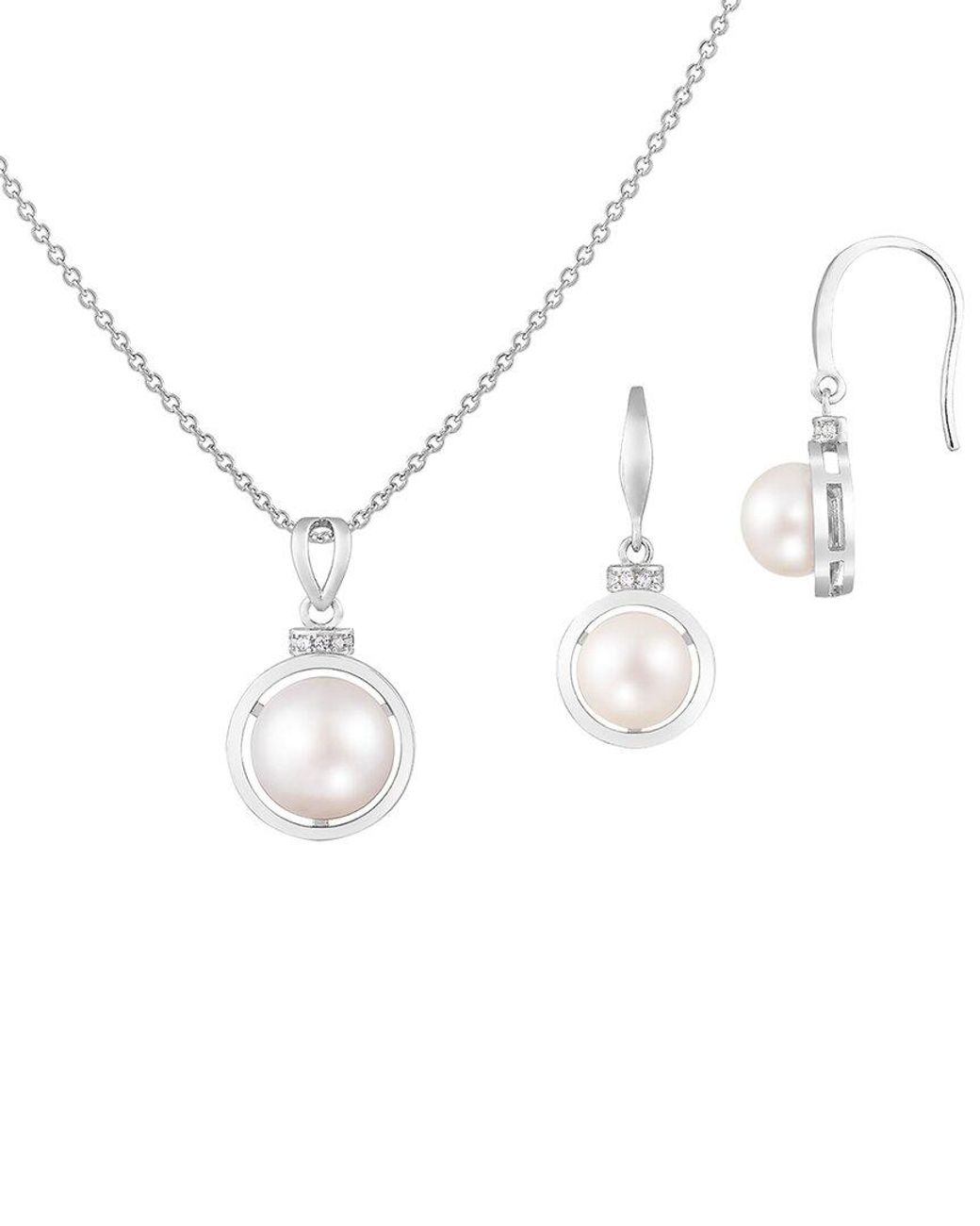 Splendid White Diamond 7-8.5Mm Pearl 2Pc Pendant & Earrings Set