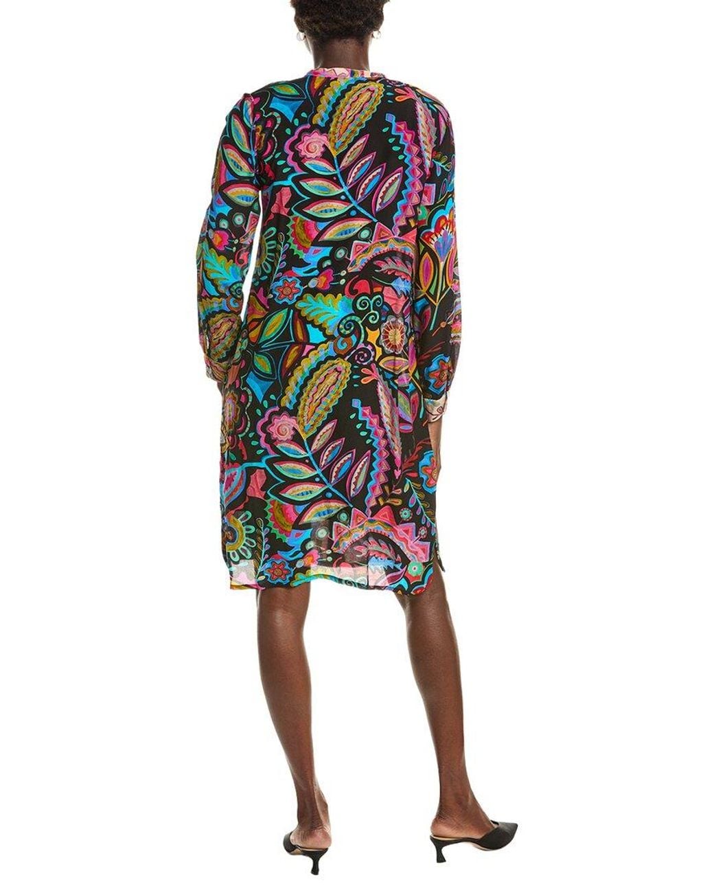 Johnny Was Black Mandarin Collar Silk Shirtdress