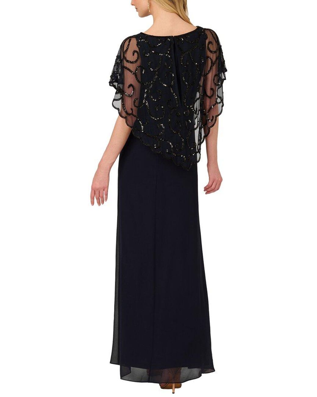 Adrianna Papell Blue Beaded Chiffon Long Gown