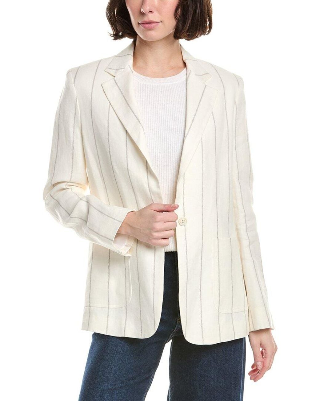 Eleventy White One Button Destructured Wool & Linen-Blend Jacket