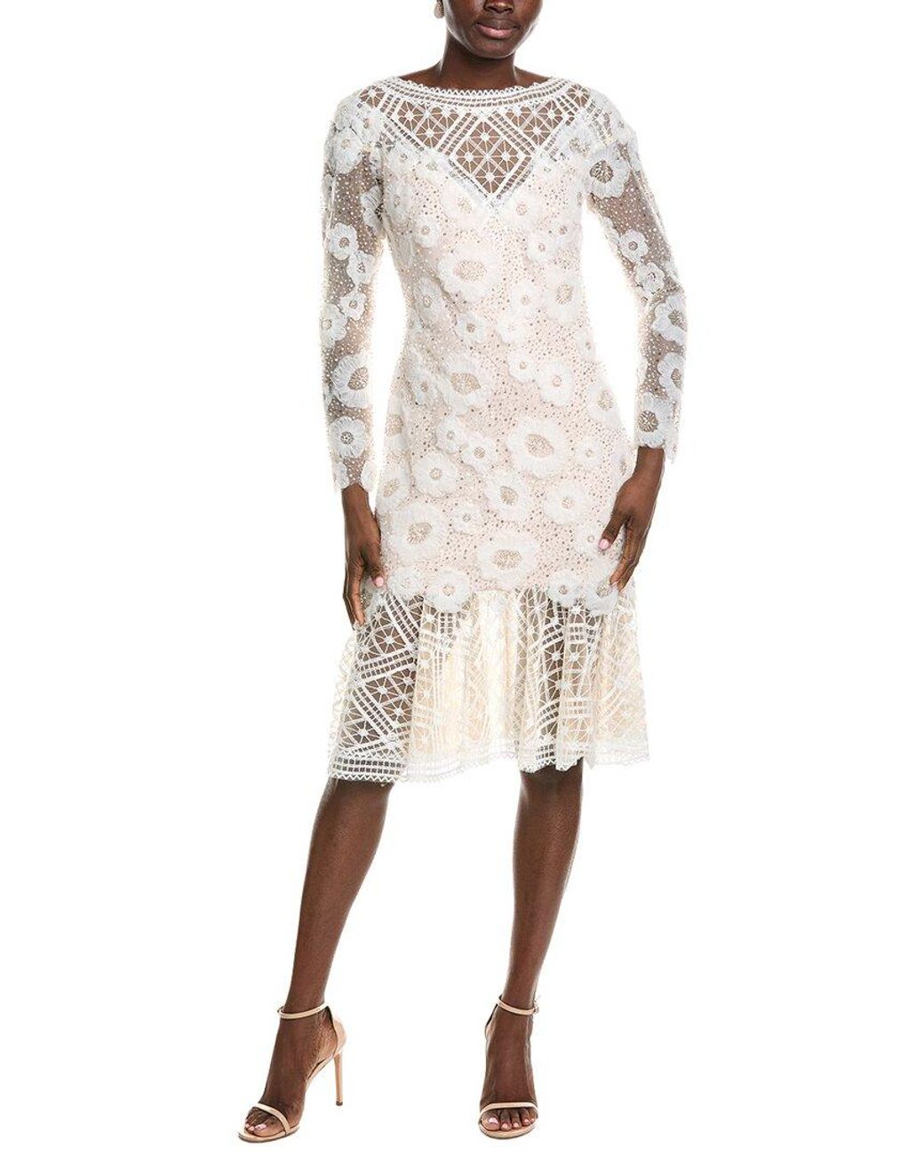 Tadashi Shoji Natural Idly Embroidered Illusion Dress