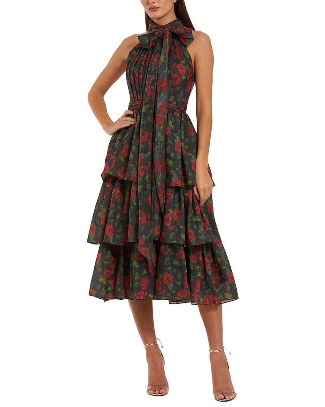 Mac Duggal Brown Floral Chiffon Tiered Midi Dress With Neck Bow