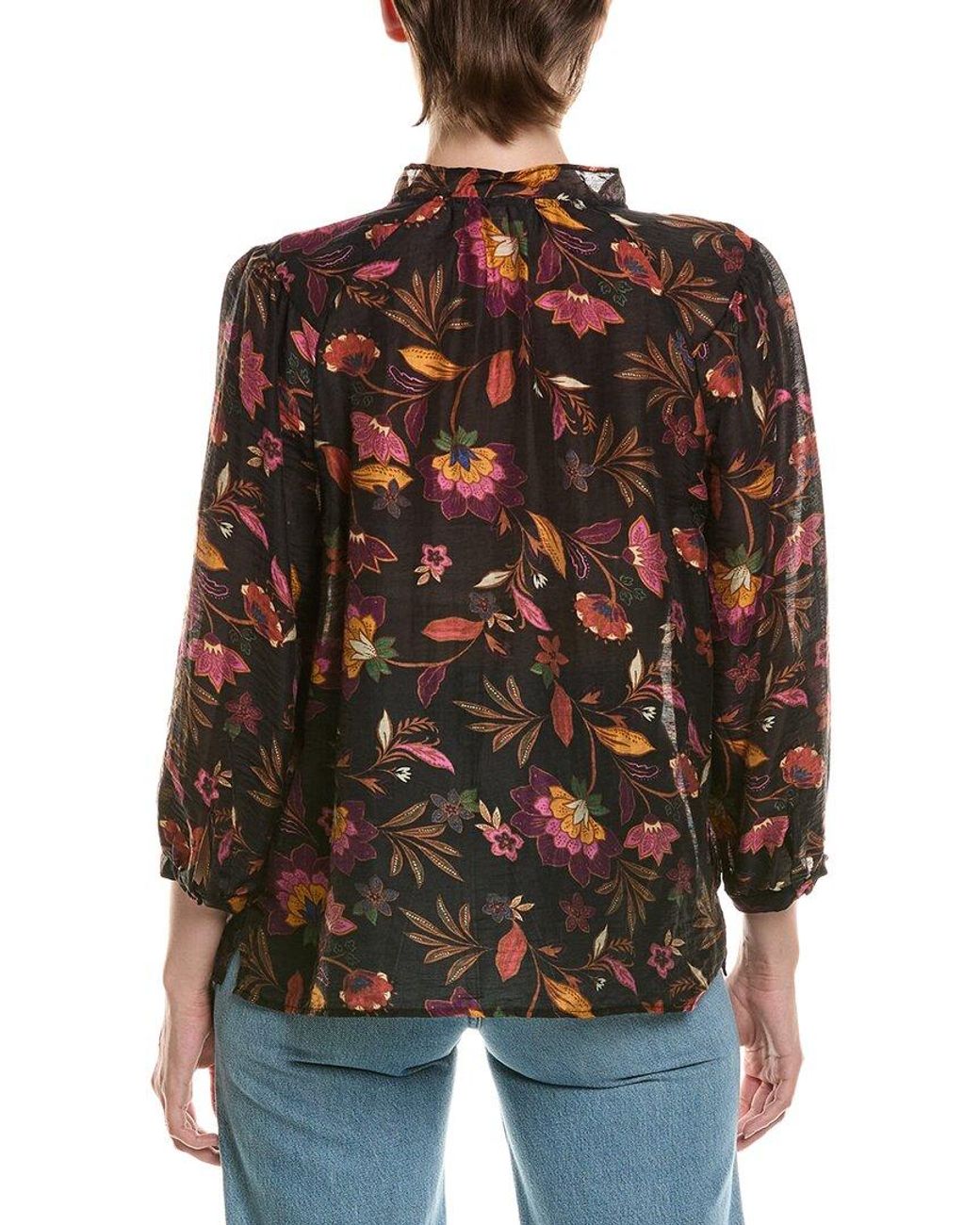 Vince Camuto Brown Tie-Neck Linen-Blend Peasant Blouse