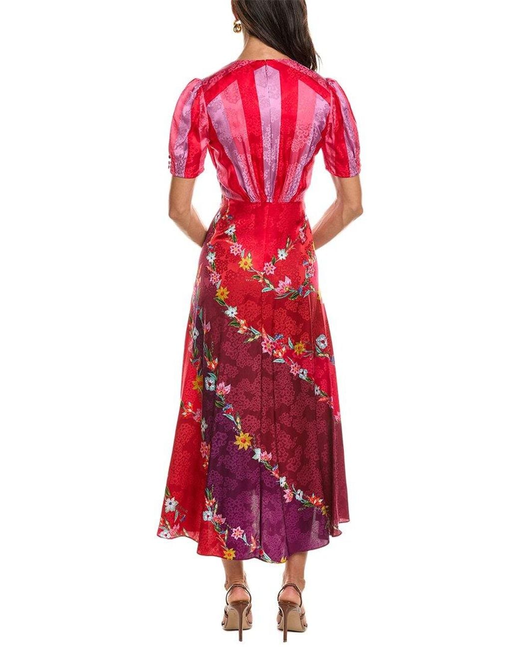 Saloni Red Stamped Satin Silk Midi Dress