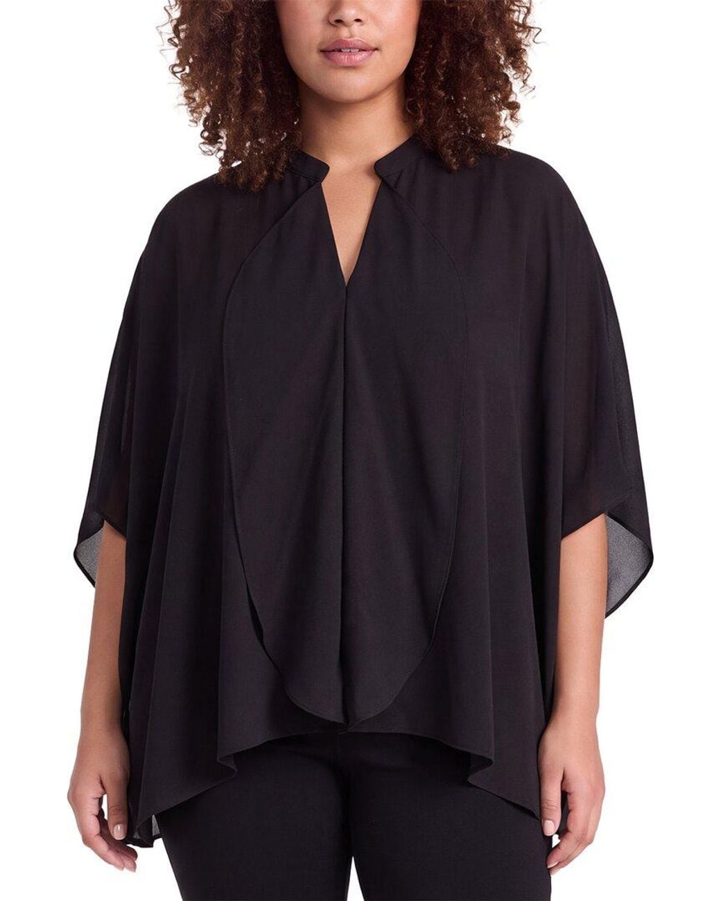 Anne Klein Black Plus Flutter Y-Neck Blouse