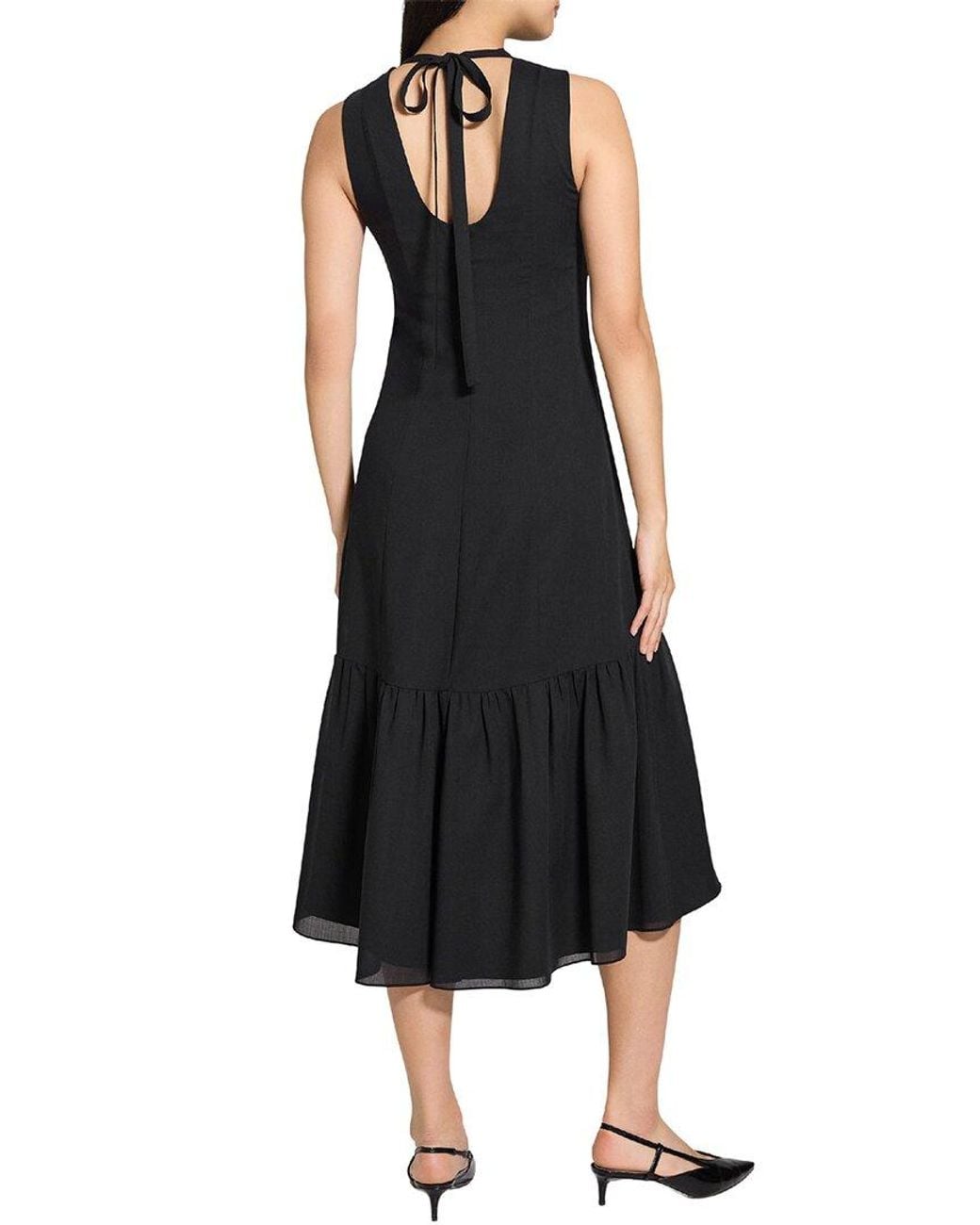 Theory Black Tie Neck Tiered Midi Dress