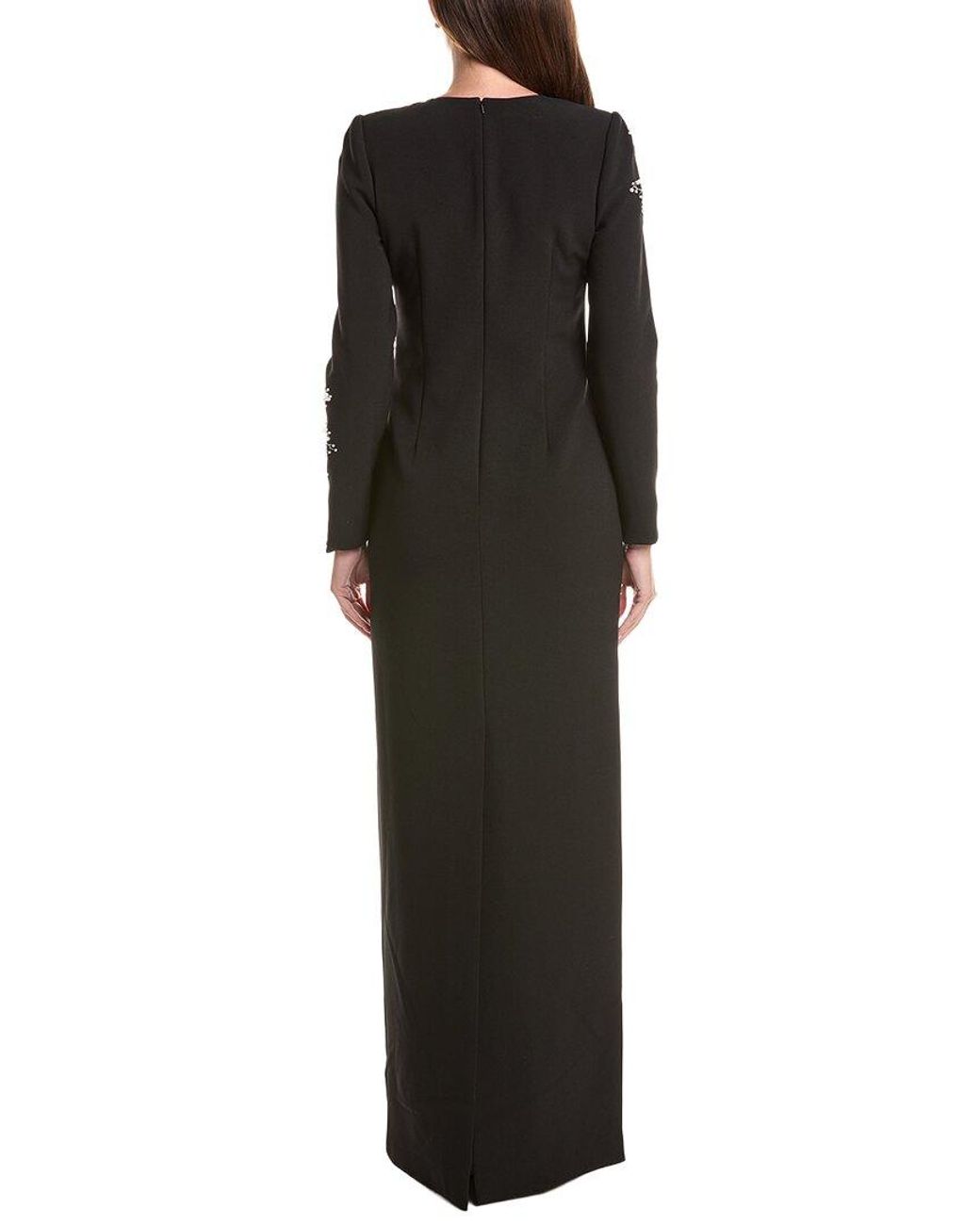 Teri Jon Black Crepe Floral Pearl Applique Gown
