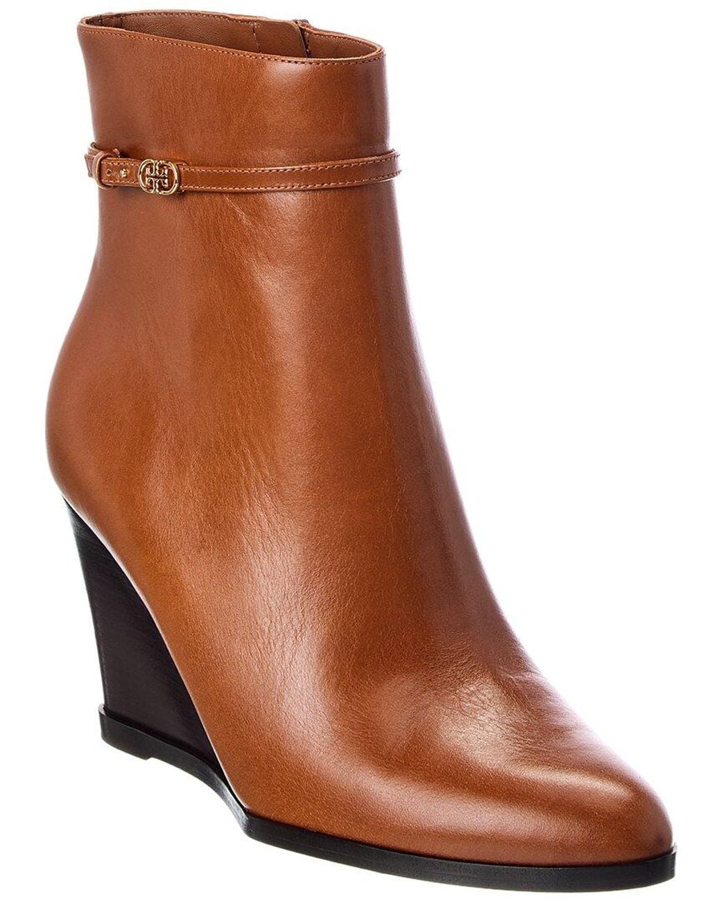 Tory Burch Brown Double T Buckle Leather Wedge Boot