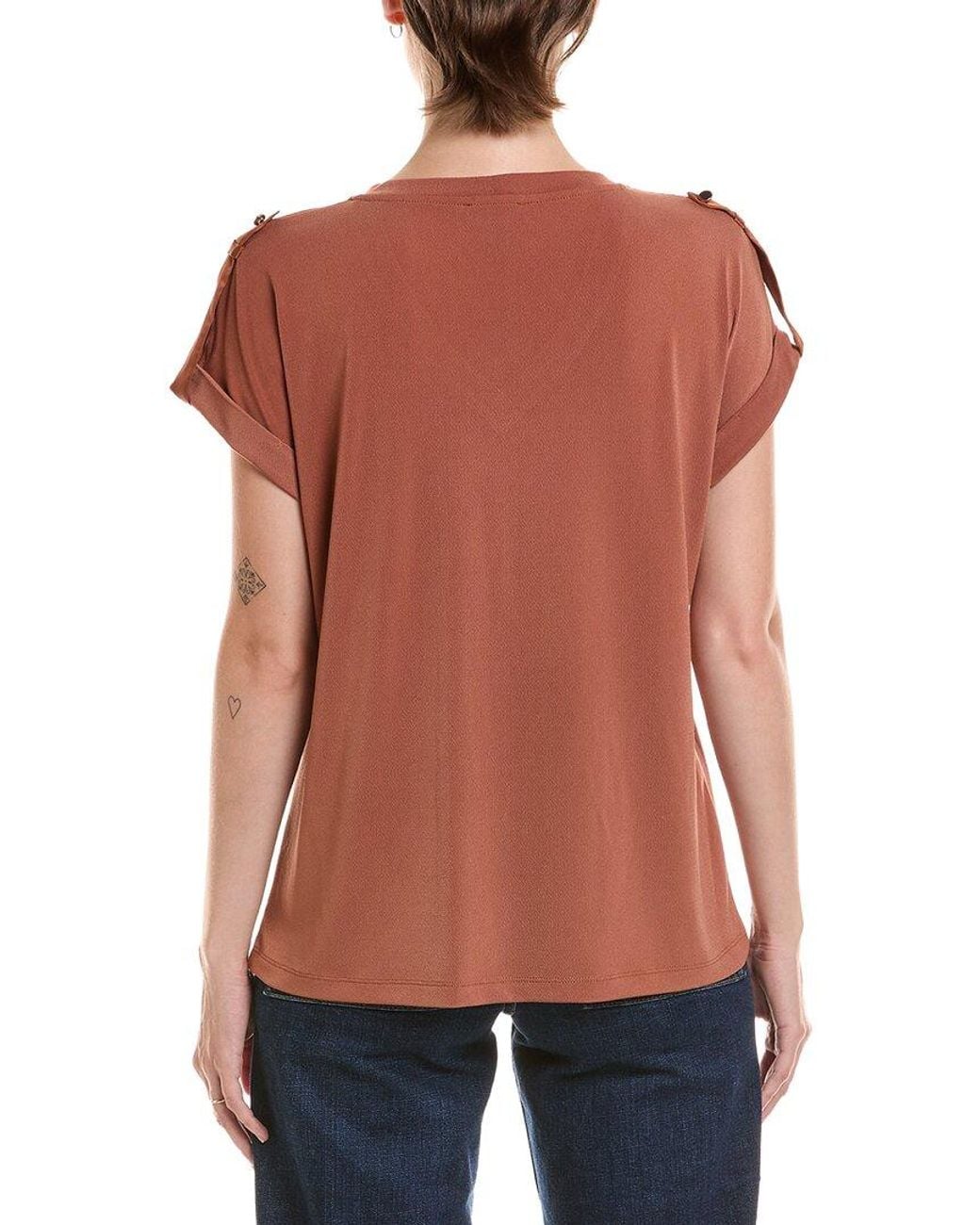 Jones New York Red Roll Cuff Tab V-Neck T-Shirt