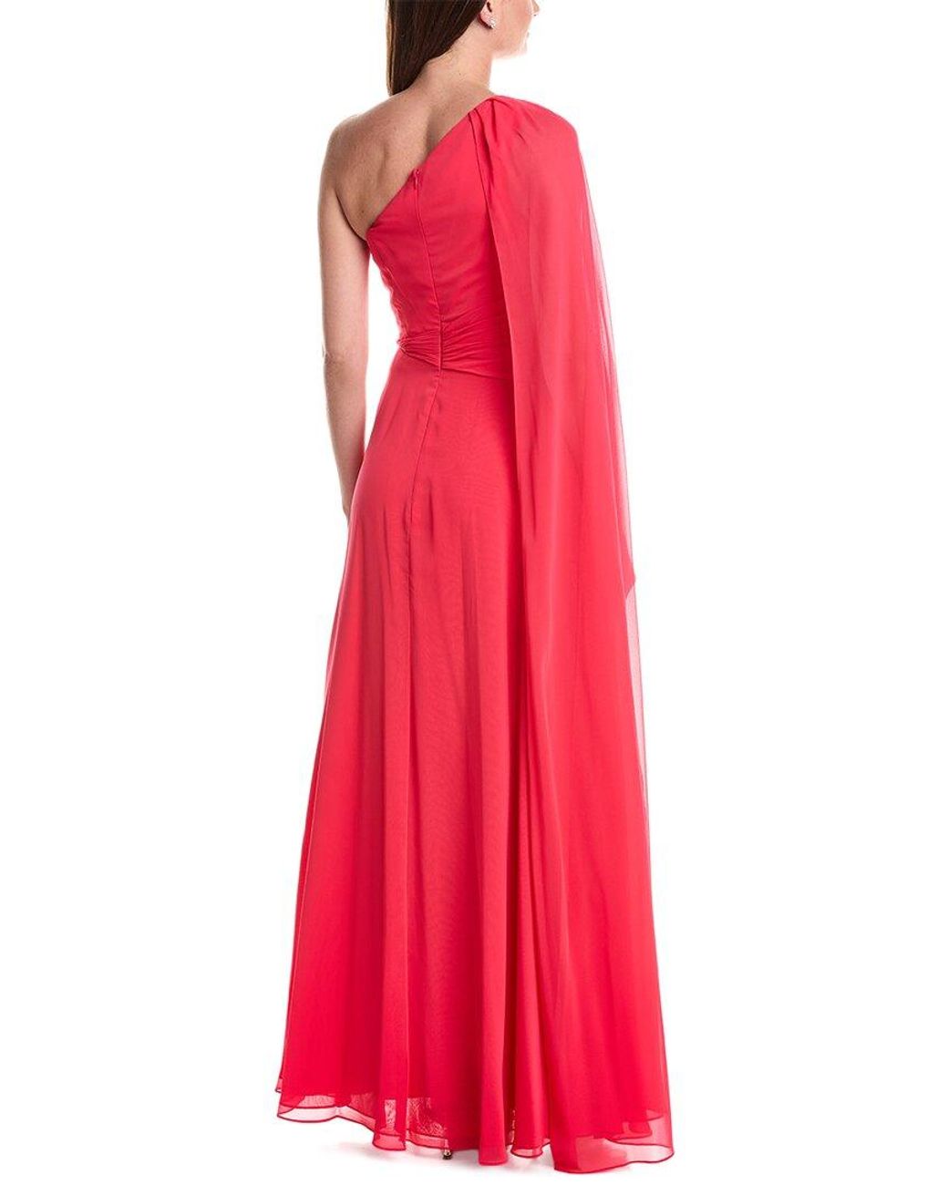 Teri Jon Red Chiffon One-Shoulder Drape Gown