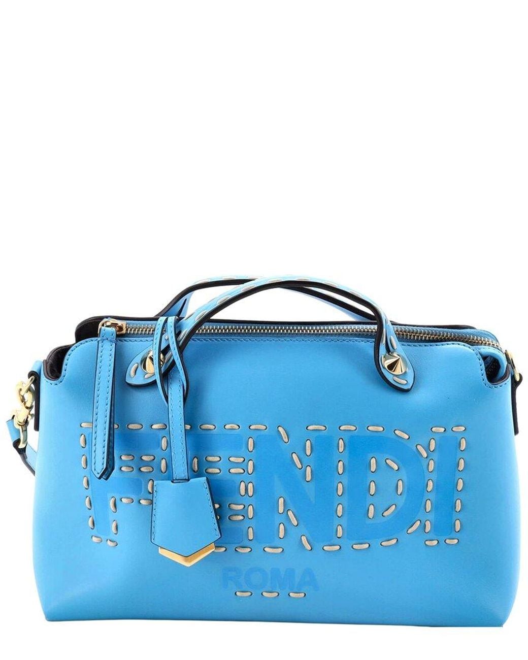 Fendi Blue Leather Logo By The Way Satchel Stitched Medium (Authentic Pre- Loved)