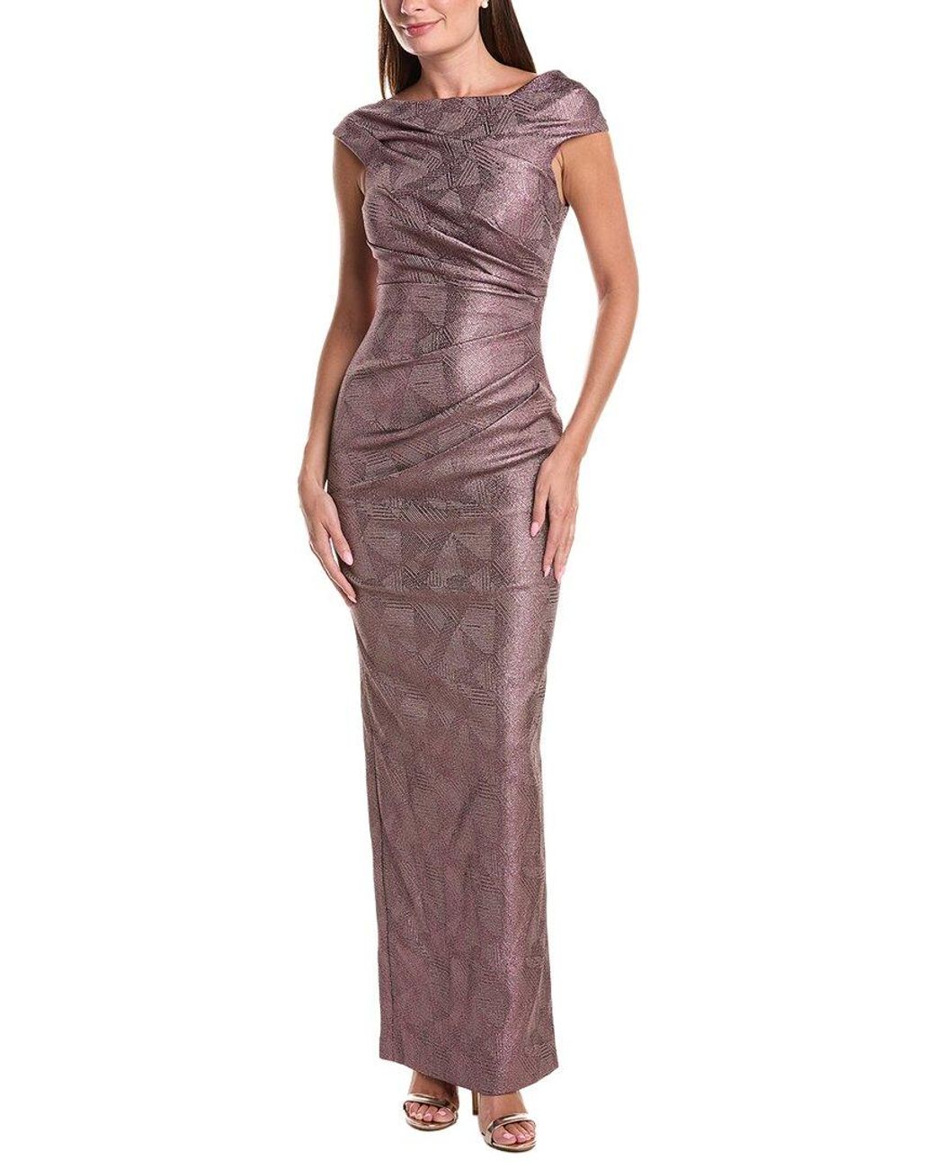 Teri Jon Red Stretch Jacquard Ruched Asymmetrical Neck Gown