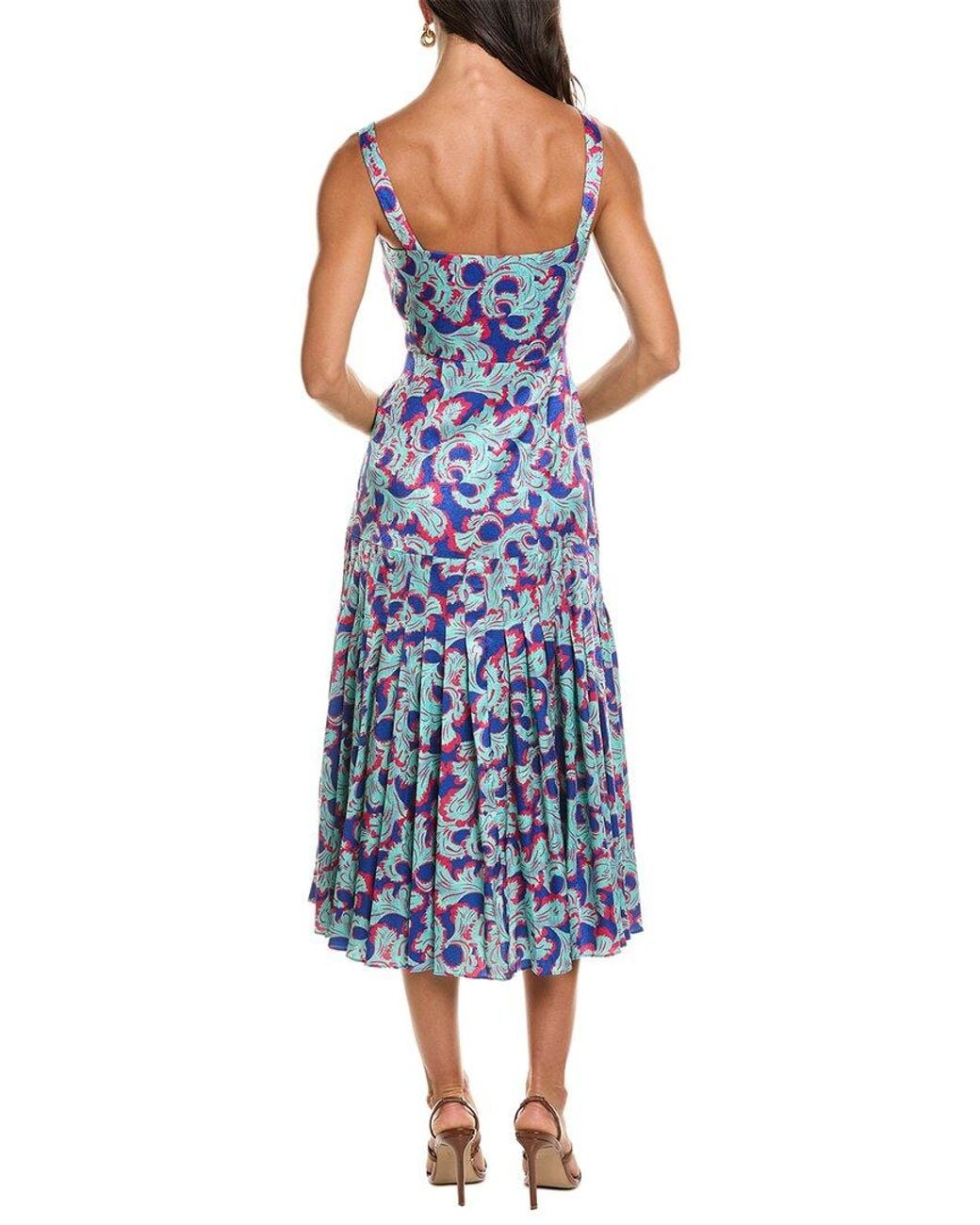 Saloni Blue Karen Crackle Stamped Satin Midi Dress