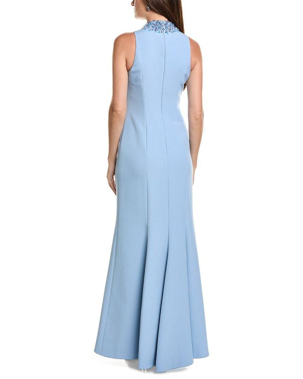 Teri Jon Blue Crepe Funnel Beaded Neck Column Gown