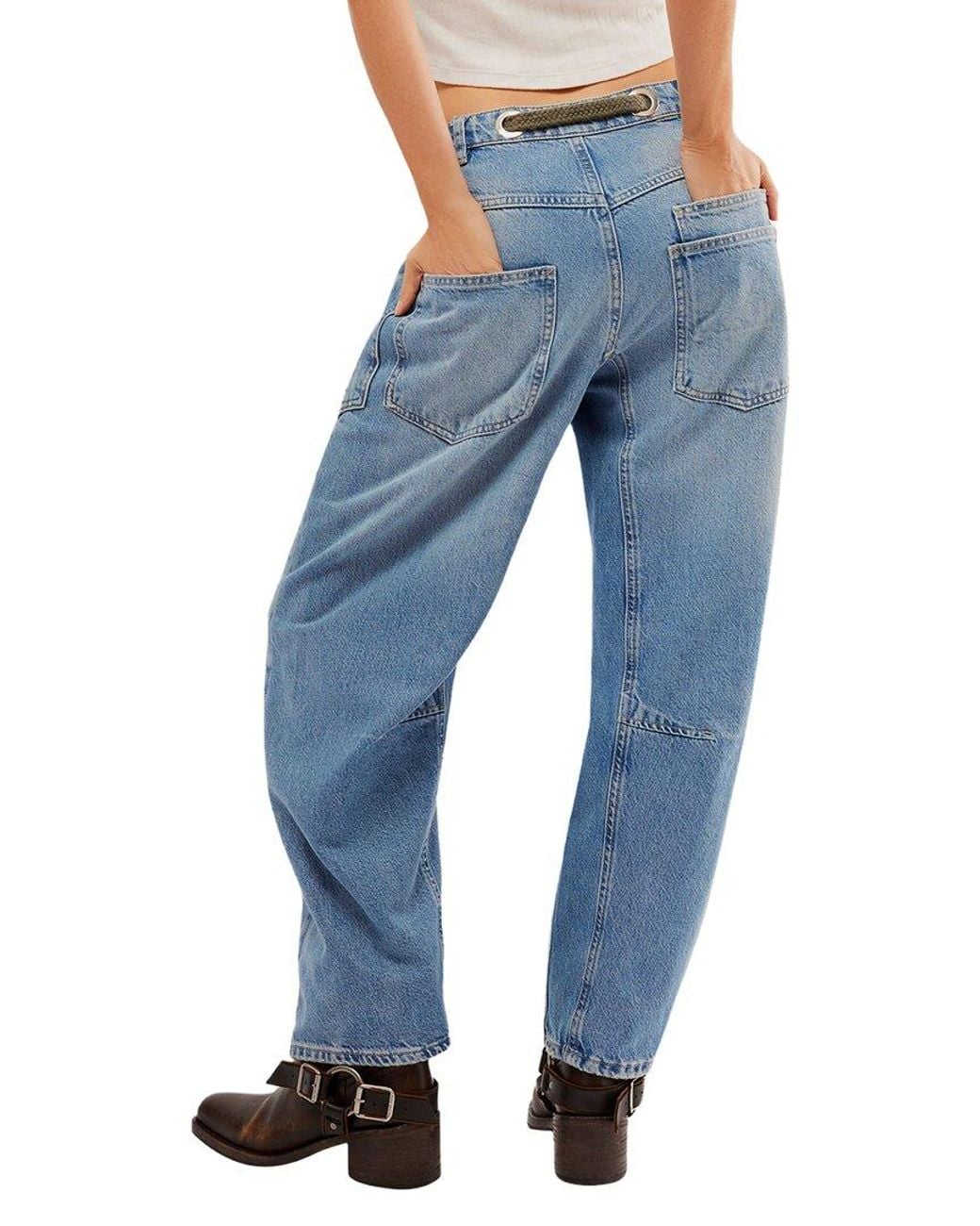 Free People Blue Moxie Low Slung Pull On Barrel Jean