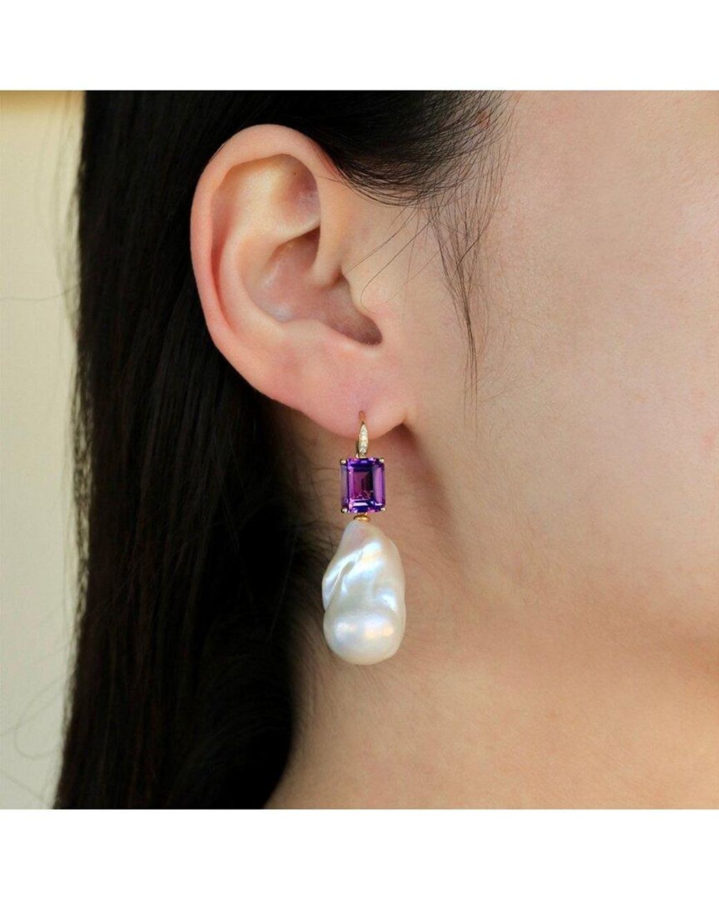 Kai Fine Jewelry Pink 14K 6.25 Ct. Tw. Diamond & Amethyst & 16-17Mm Pearl Drop Earrings