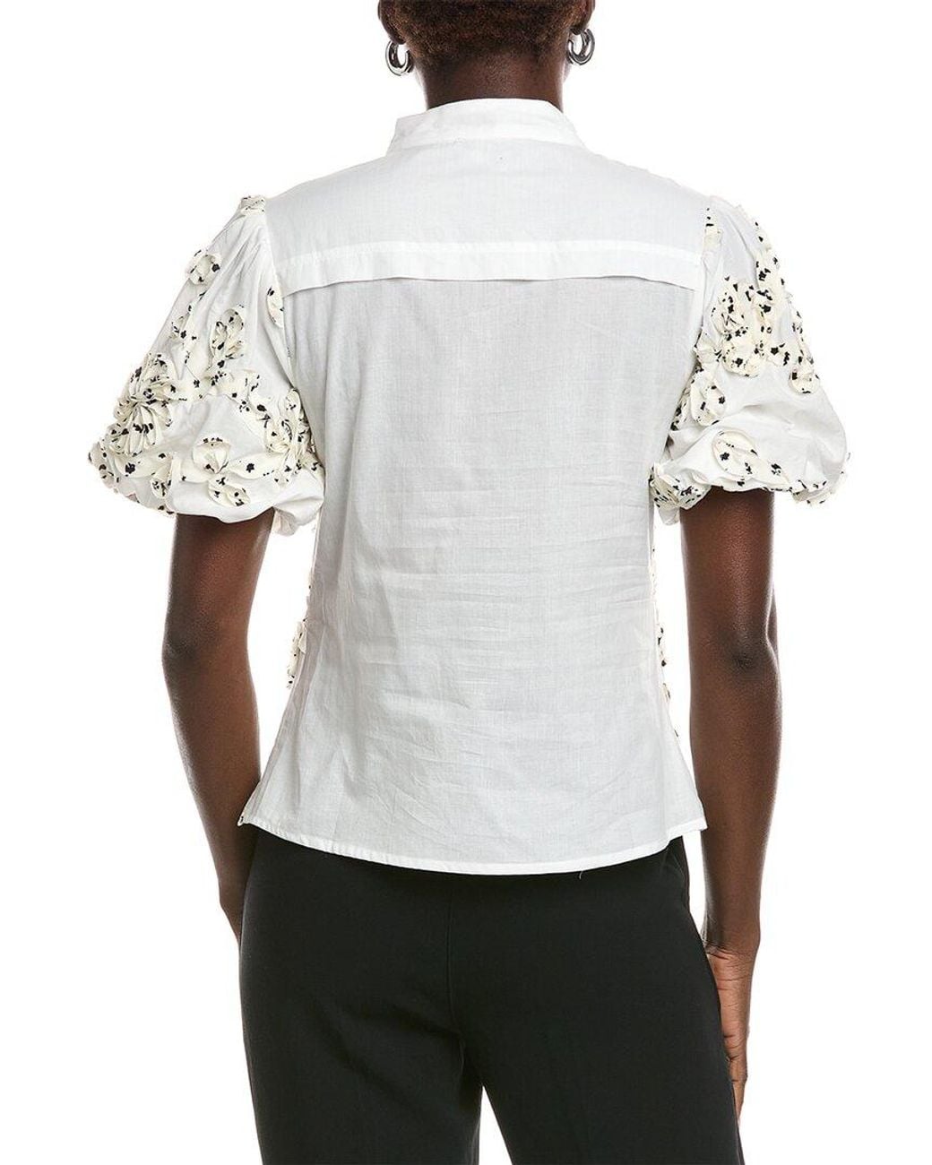 Gracia White Front Body Floral Fabric Work Collar Top
