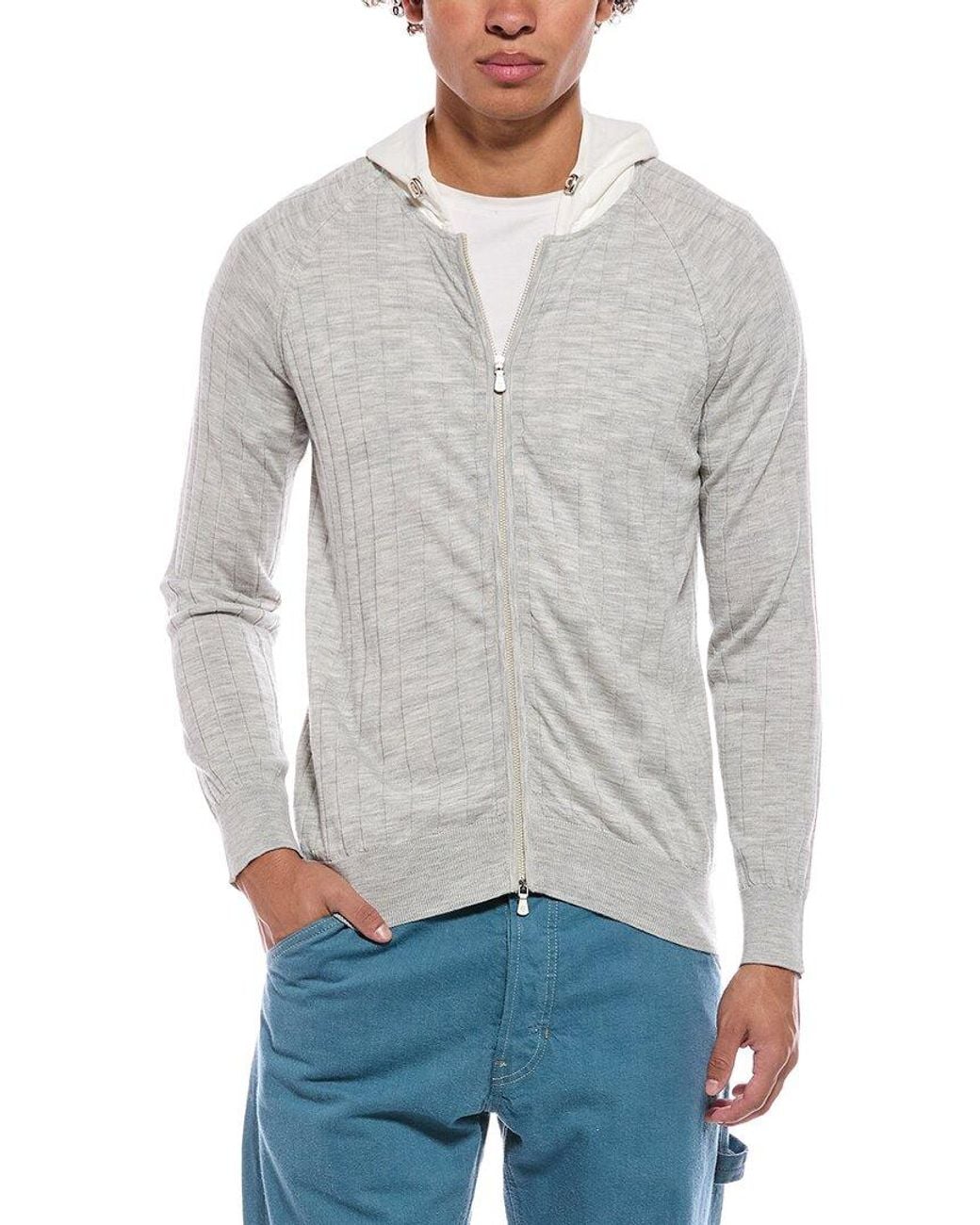 Eleventy Gray Full Zip Wool & Silk-Blend Hoodie Sweater for men