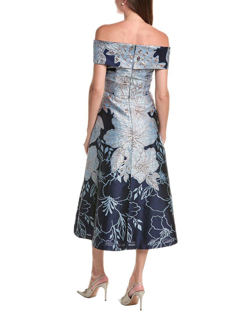 Teri Jon Blue Metallic Jacquard Floral Off-Shoulder Fit N Flare Midi Dress