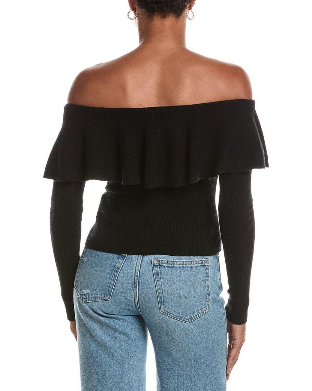 Autumn Cashmere Black Rib Off The Shoulder Ruffle 100% Cashmere Sweater