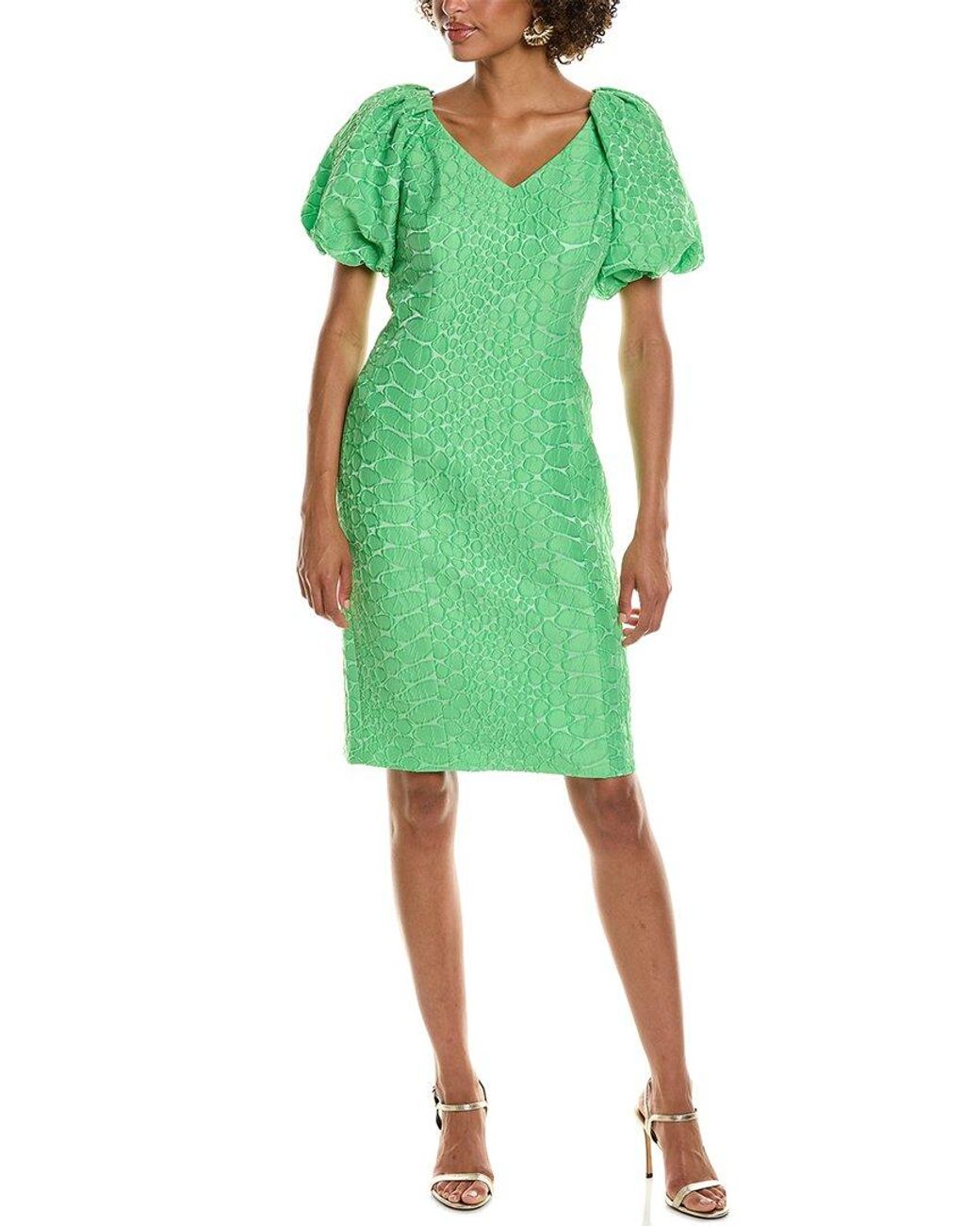 Teri Jon Solid Jacquard Puff Sleeve Sheath Dress in Green Lyst Canada