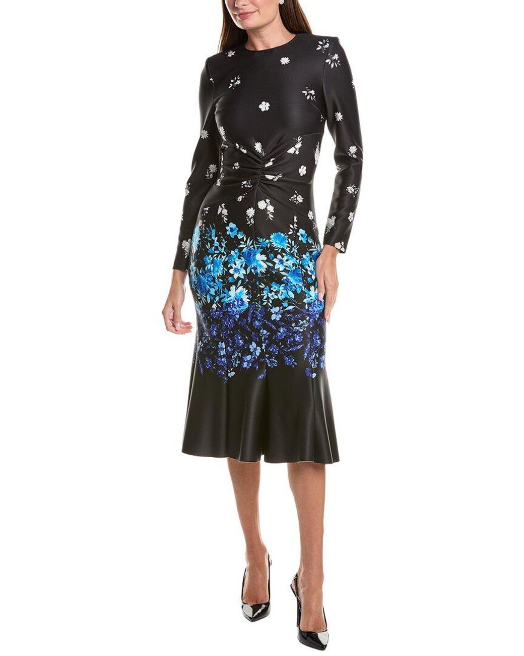 Teri Jon Black Scuba Floral Ruched Midi Dress