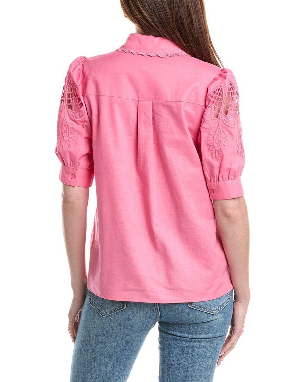 Tahari Pink Embroidered Sleeve Linen-Blend Blouse