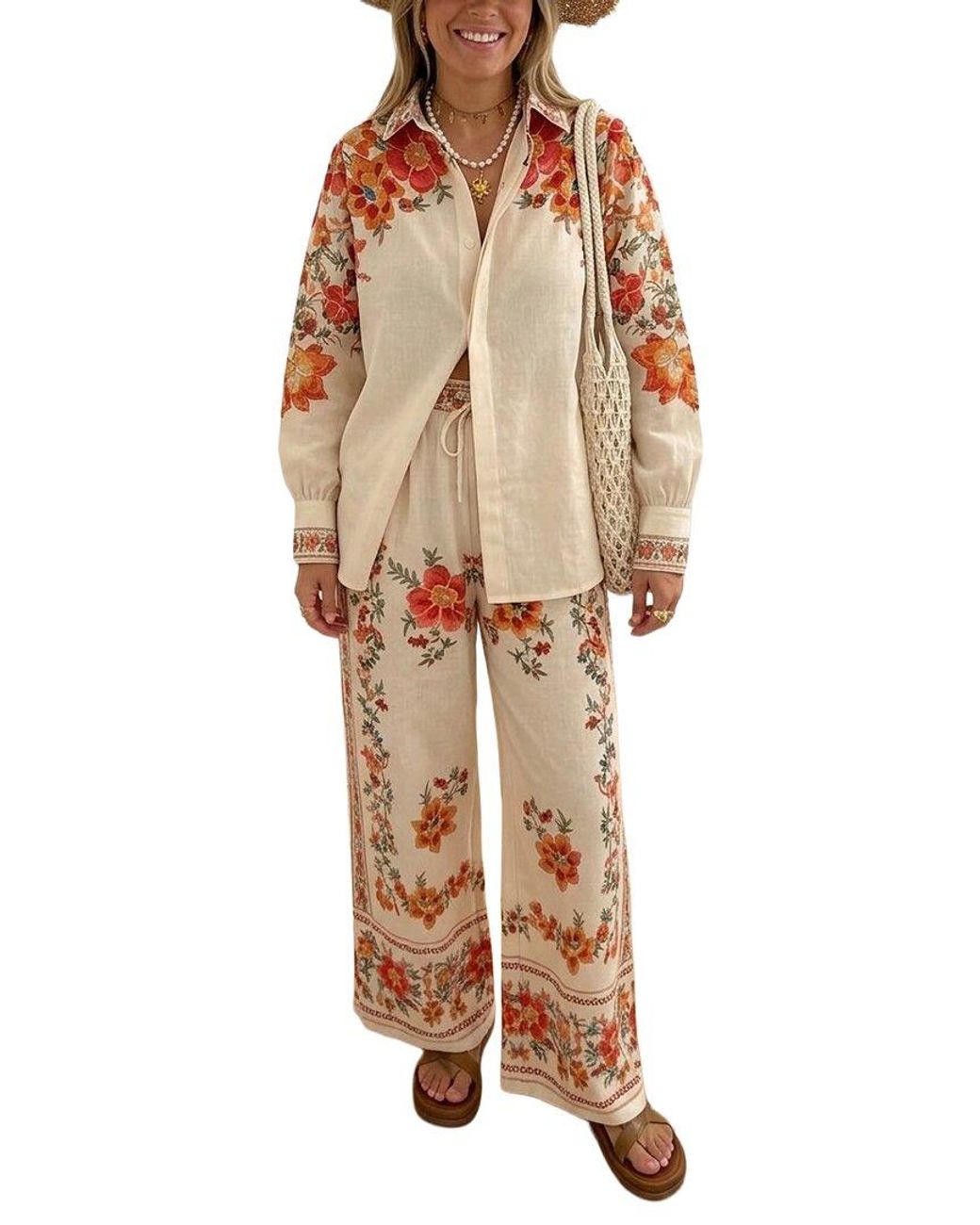 AMINA GLAM Natural 2Pc Blouse & Pant Set