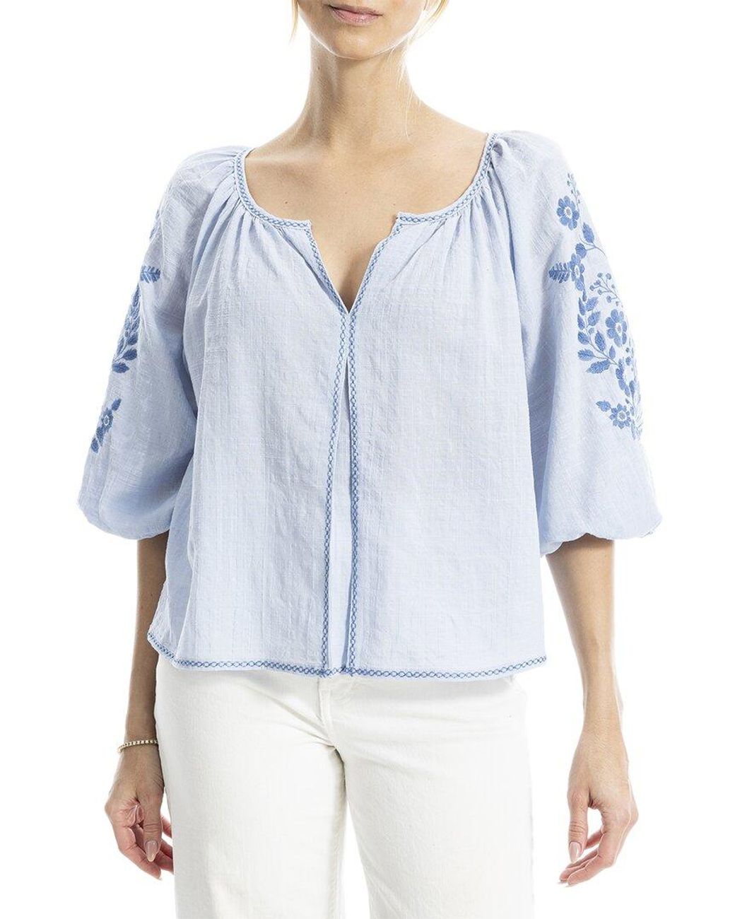 Max Studio Blue Embroidered V-Neck Ballon Sleeve Blouse