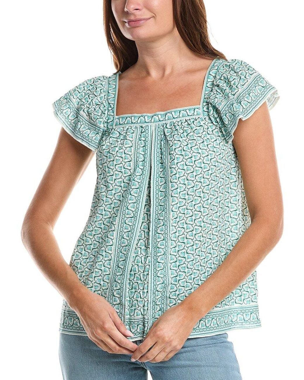Max Studio Blue Square Neck Flutter Sleeve Blouse