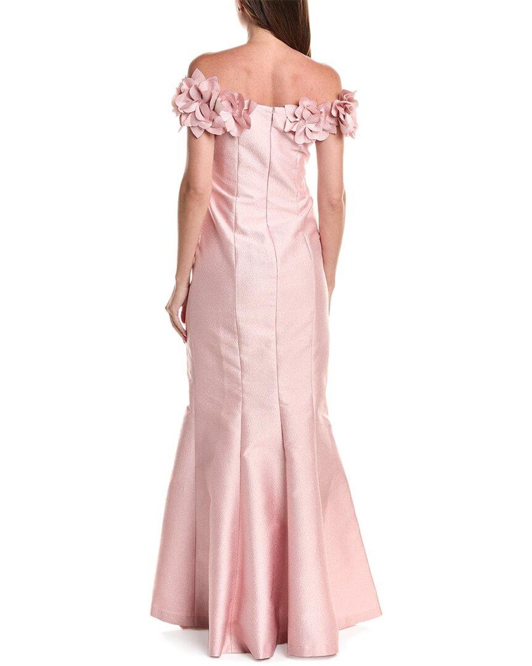Teri Jon Pink Jacquard Flower Petal Puff Shoulder Gown